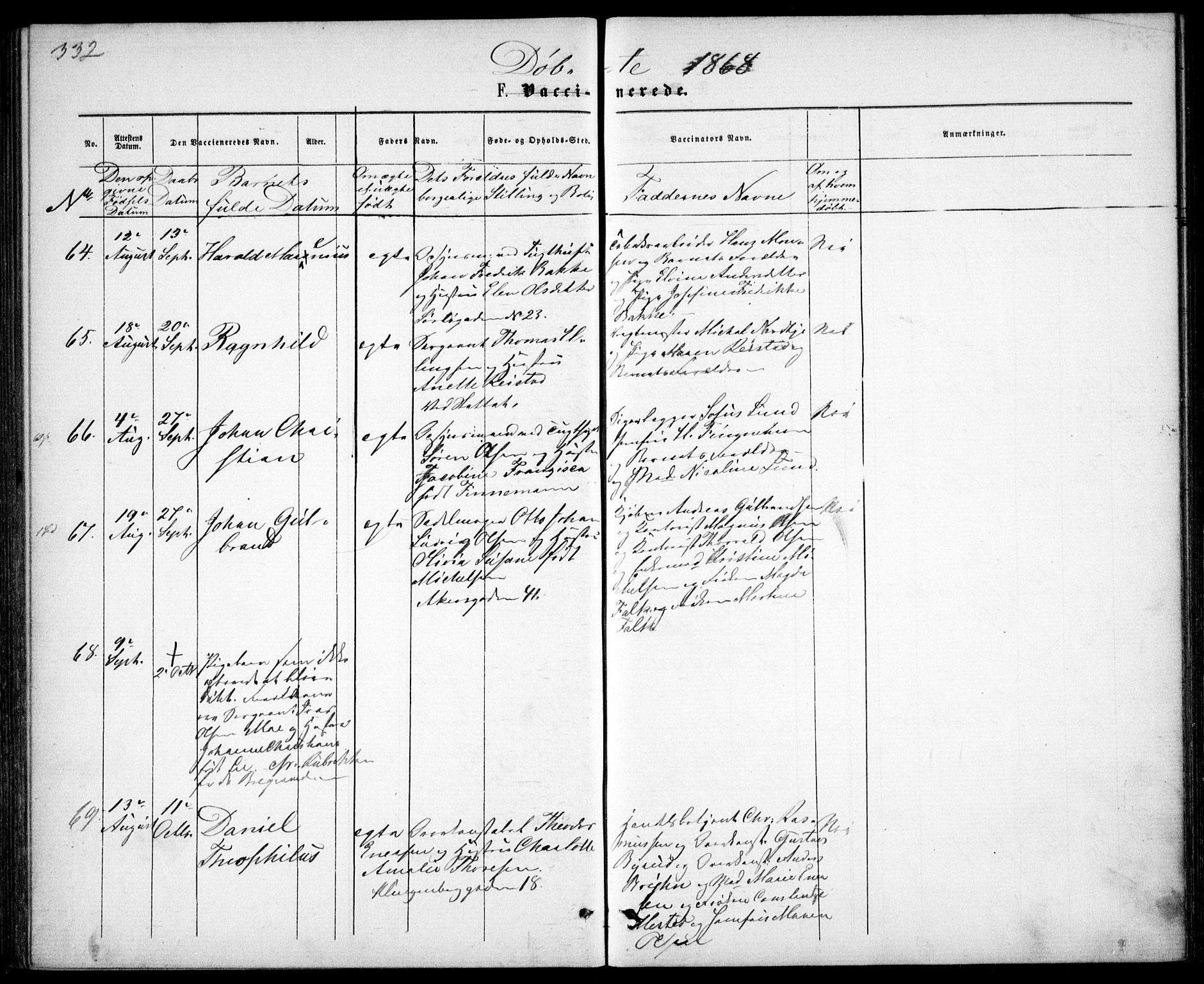 Garnisonsmenigheten Kirkebøker, AV/SAO-A-10846/G/Ga/L0006: Klokkerbok nr. 6, 1860-1880, s. 332