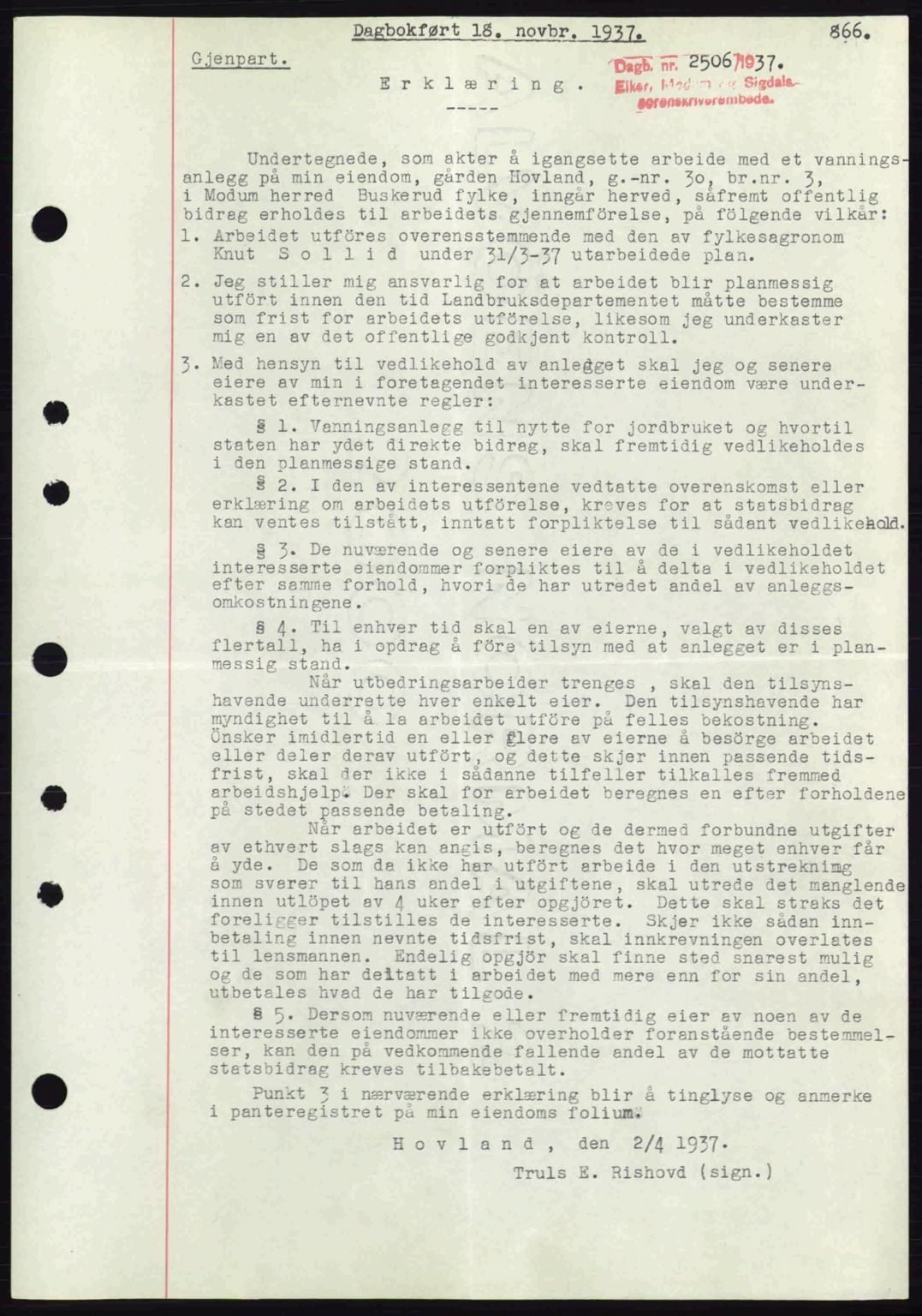 Eiker, Modum og Sigdal sorenskriveri, SAKO/A-123/G/Ga/Gab/L0036: Pantebok nr. A6, 1937-1937, Dagboknr: 2506/1937