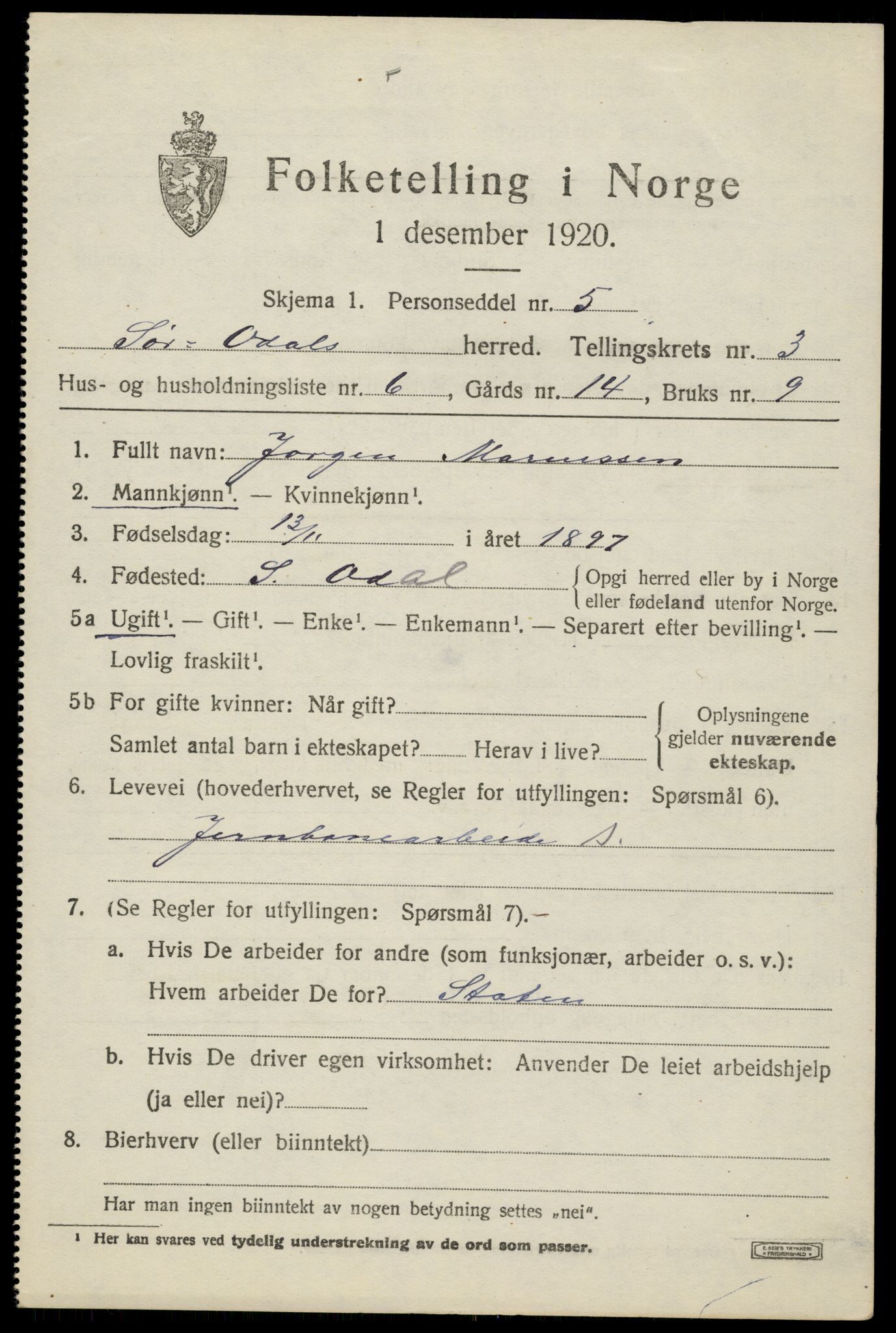 SAH, Folketelling 1920 for 0419 Sør-Odal herred, 1920, s. 4311