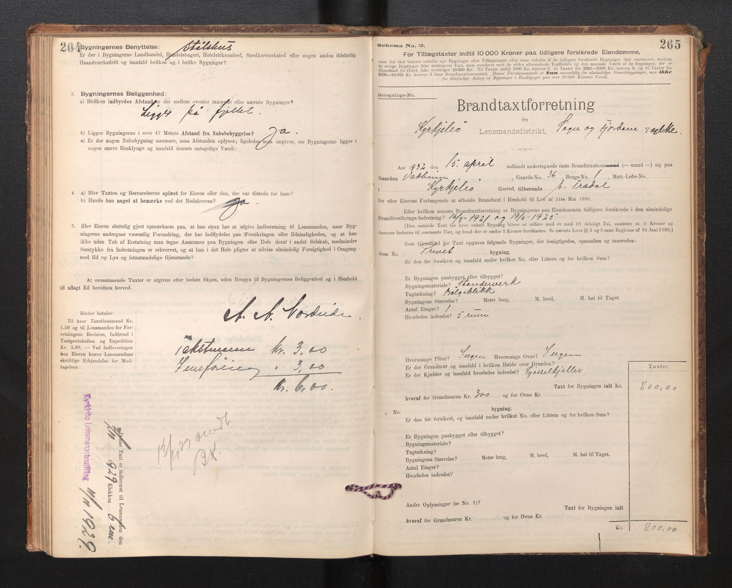 Lensmannen i Kyrkjebø, SAB/A-29001/0012/L0006: Branntakstprotokoll, skjematakst, 1900-1939, s. 264-265