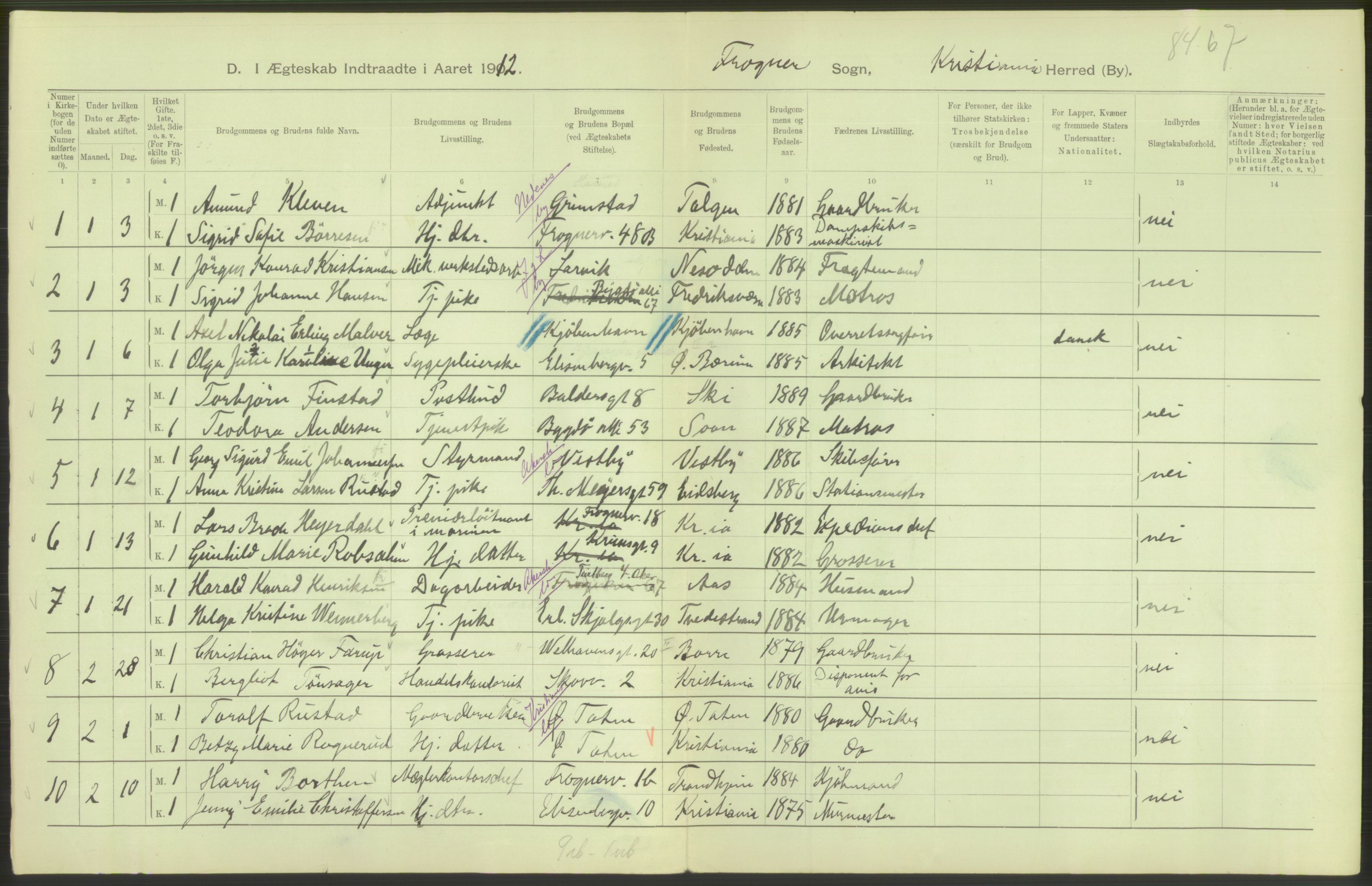 Statistisk sentralbyrå, Sosiodemografiske emner, Befolkning, AV/RA-S-2228/D/Df/Dfb/Dfbb/L0008: Kristiania: Gifte, 1912, s. 538
