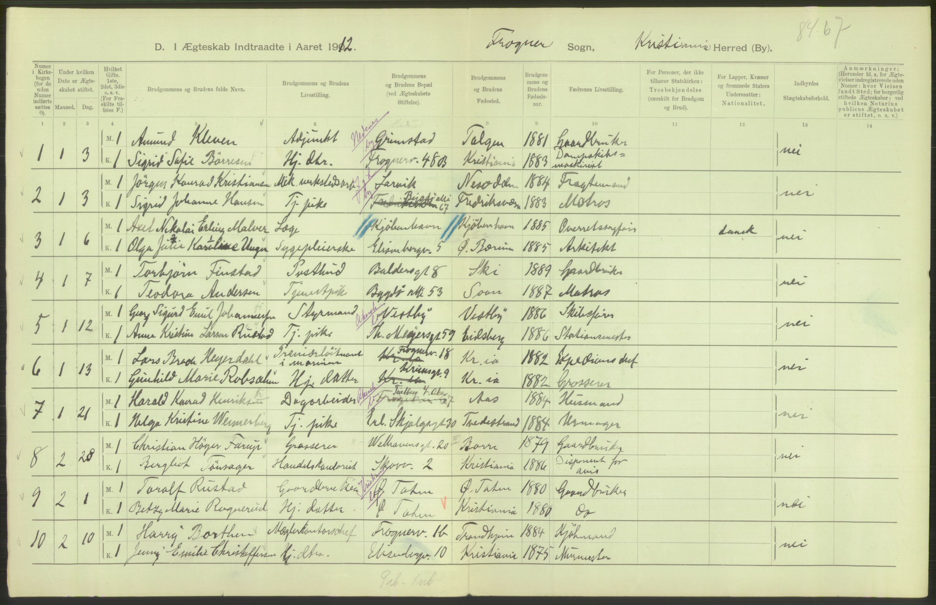 Statistisk sentralbyrå, Sosiodemografiske emner, Befolkning, RA/S-2228/D/Df/Dfb/Dfbb/L0008: Kristiania: Gifte, 1912, s. 538