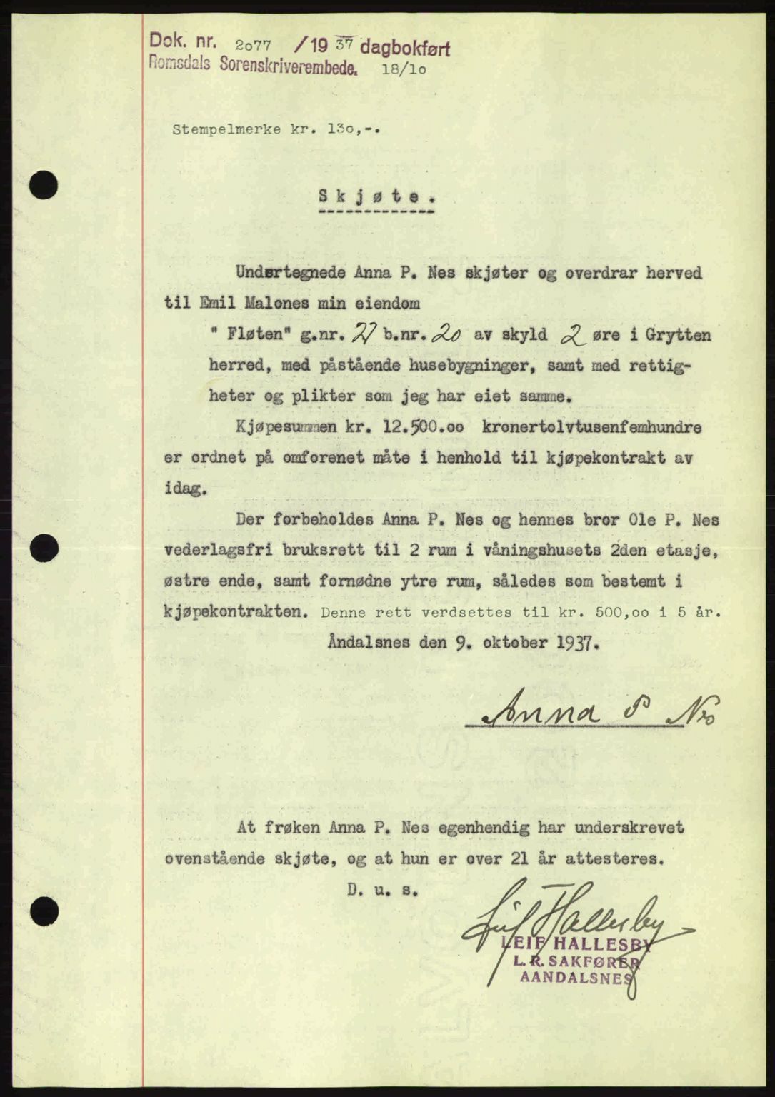 Romsdal sorenskriveri, SAT/A-4149/1/2/2C: Pantebok nr. A4, 1937-1938, Dagboknr: 2077/1937