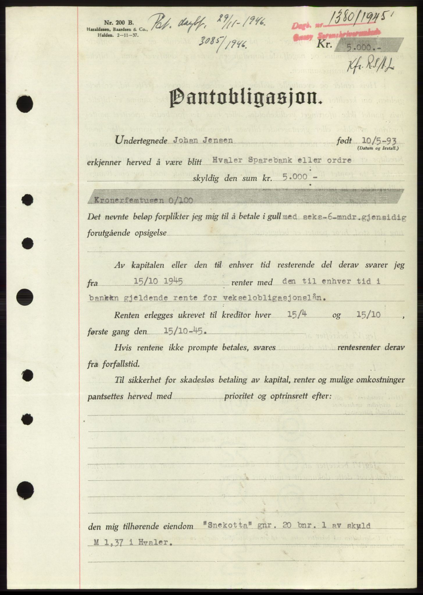 Onsøy sorenskriveri, SAO/A-10474/G/Ga/Gac/L0004: Pantebok nr. B4, 1944-1946, Dagboknr: 1380/1945