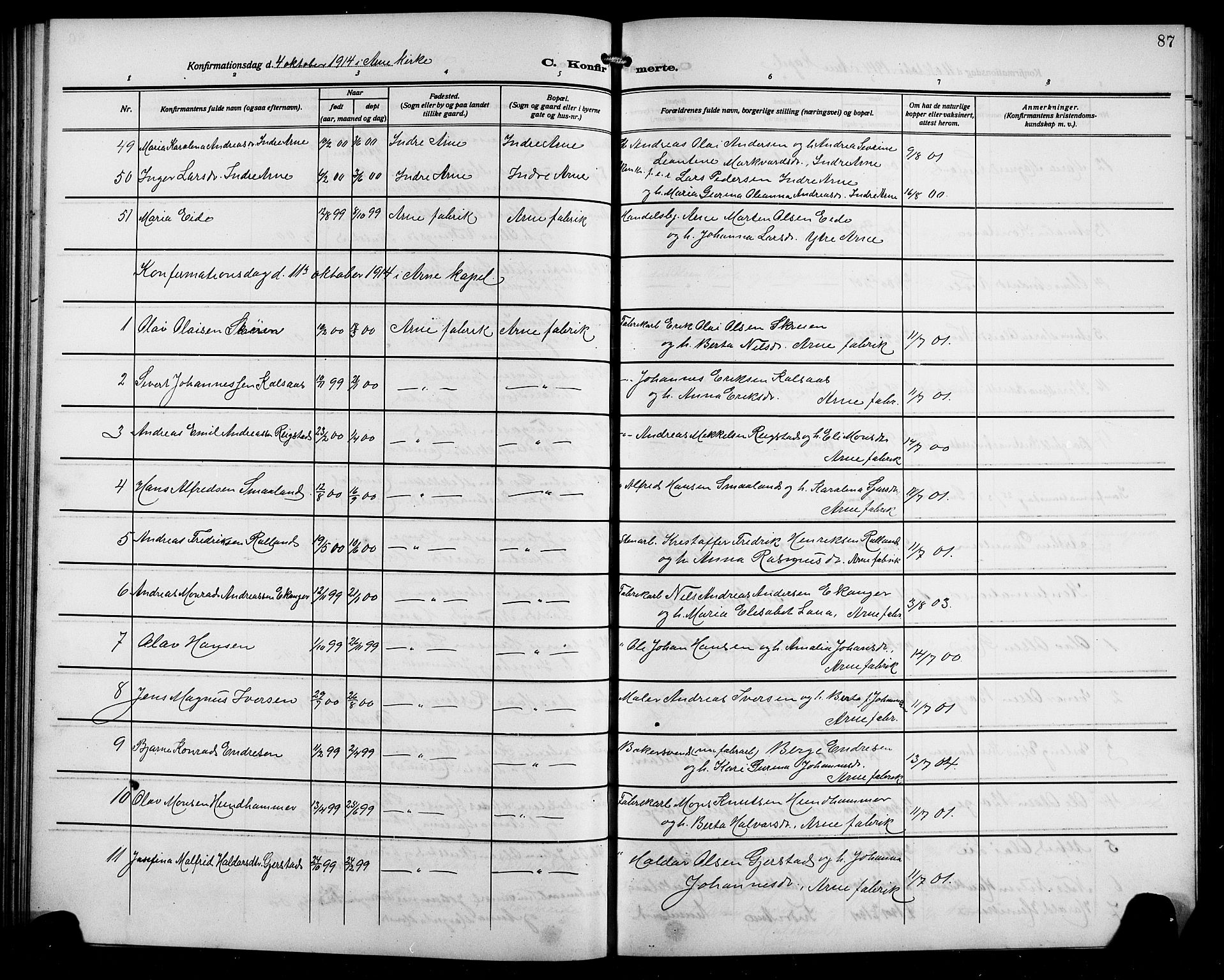 Arna sokneprestembete, AV/SAB-A-74001/H/Ha/Hab: Klokkerbok nr. A 5, 1911-1921, s. 87