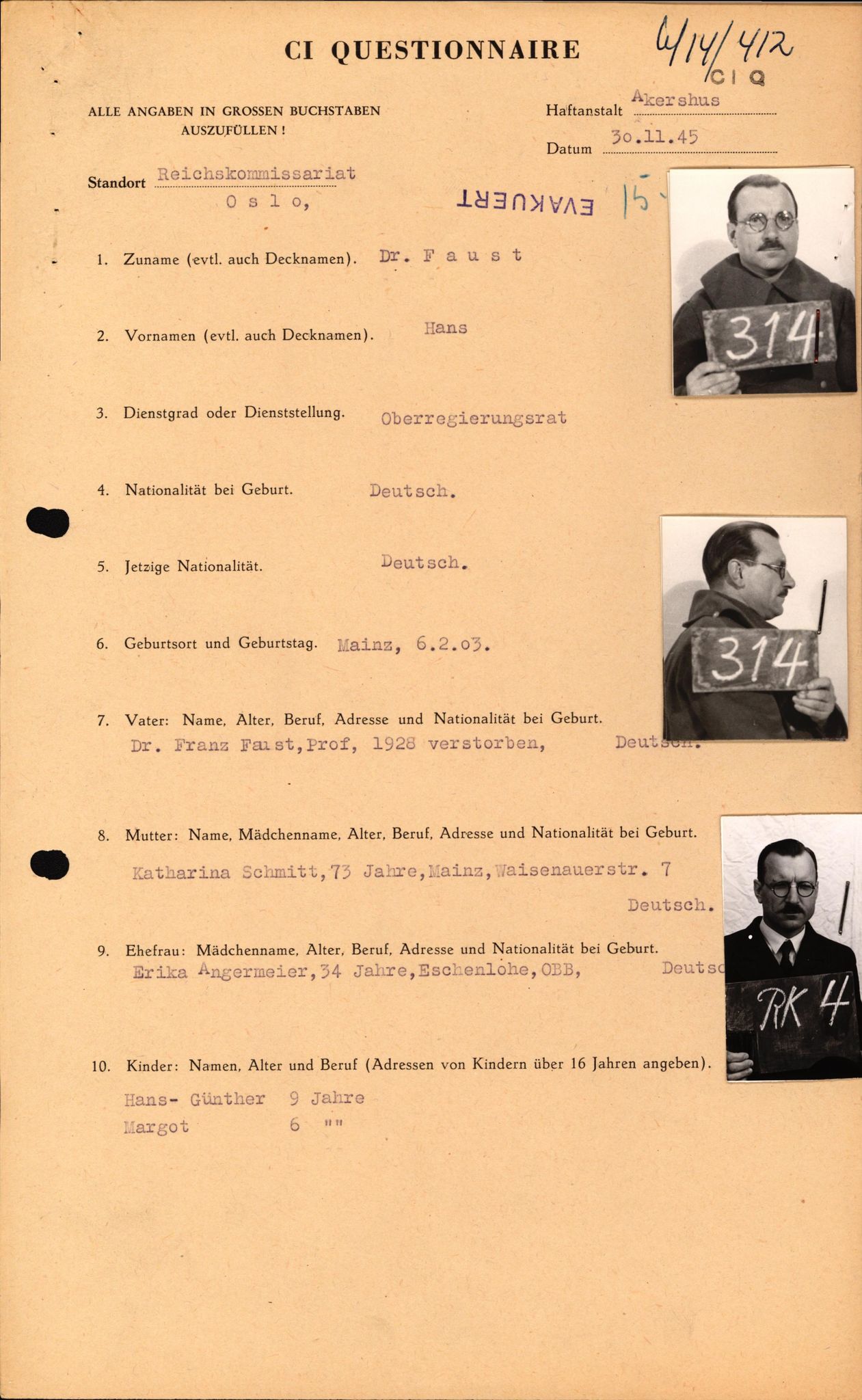 Forsvaret, Forsvarets overkommando II, AV/RA-RAFA-3915/D/Db/L0007: CI Questionaires. Tyske okkupasjonsstyrker i Norge. Tyskere., 1945-1946, s. 492