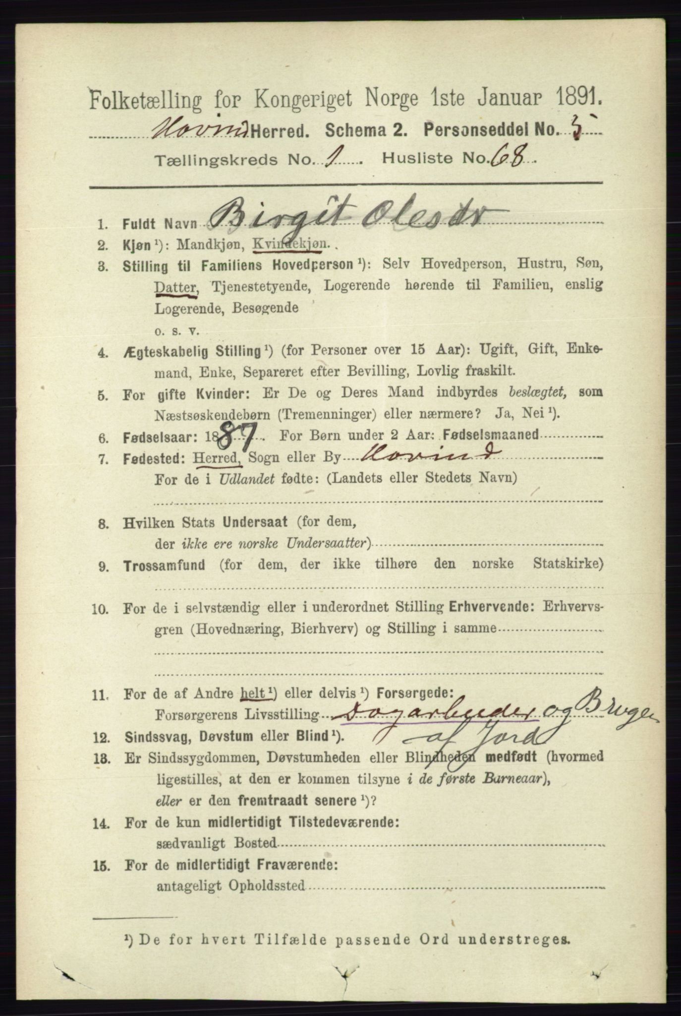 RA, Folketelling 1891 for 0825 Hovin herred, 1891, s. 453