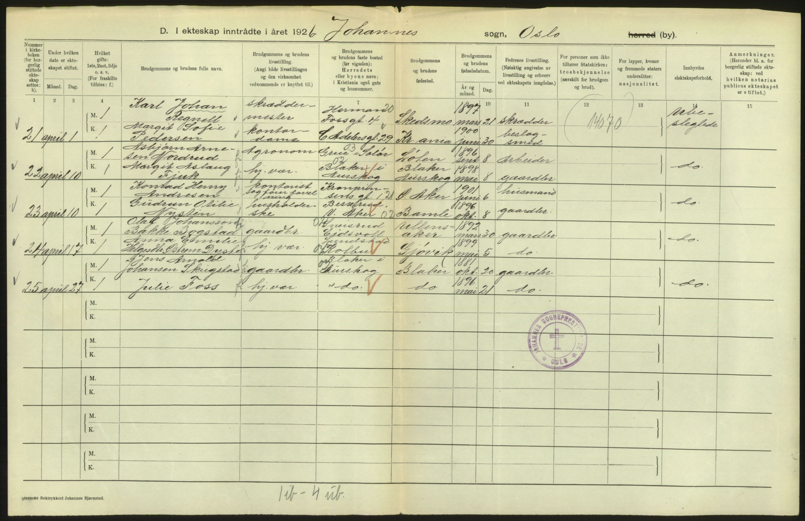 Statistisk sentralbyrå, Sosiodemografiske emner, Befolkning, AV/RA-S-2228/D/Df/Dfc/Dfcf/L0008: Oslo: Gifte, 1926, s. 142