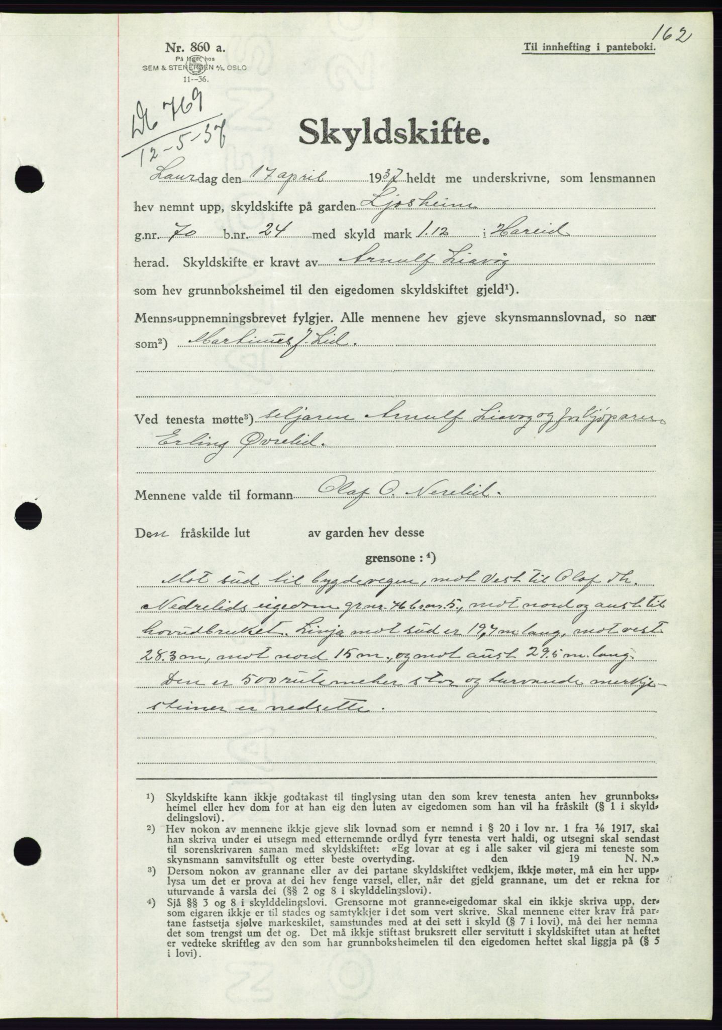 Søre Sunnmøre sorenskriveri, AV/SAT-A-4122/1/2/2C/L0063: Pantebok nr. 57, 1937-1937, Dagboknr: 769/1937