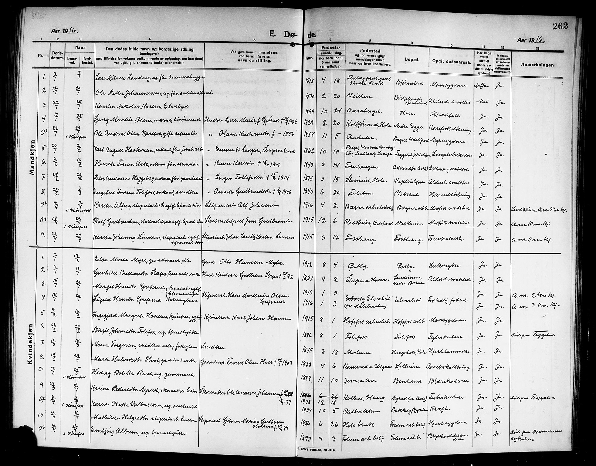 Norderhov kirkebøker, SAKO/A-237/G/Ga/L0009: Klokkerbok nr. I 9, 1913-1920, s. 262