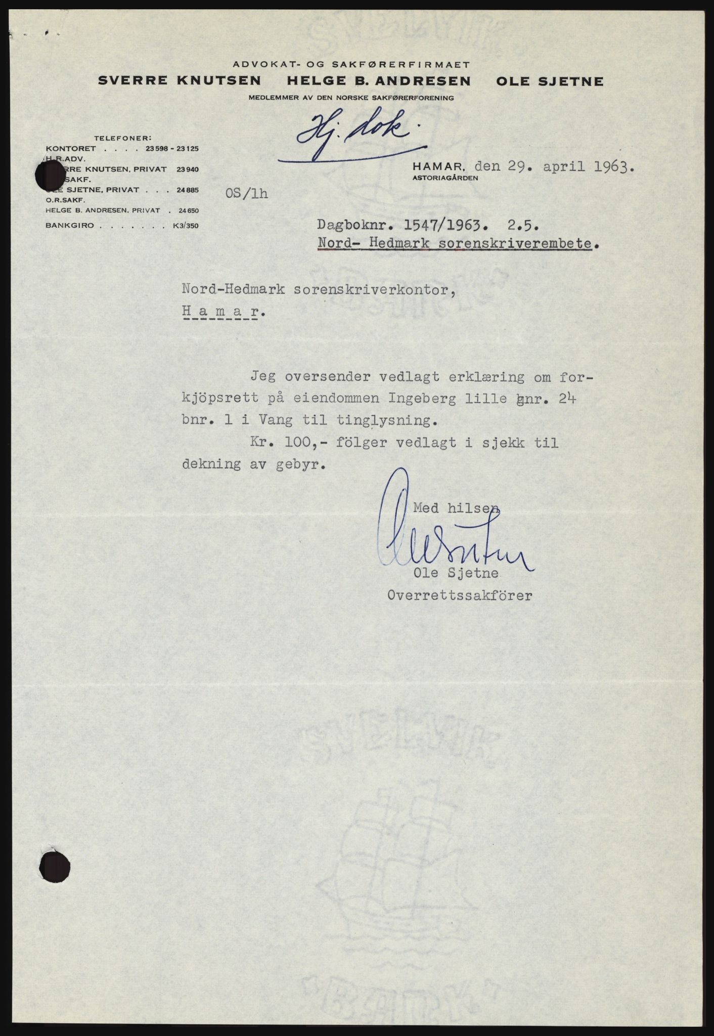 Nord-Hedmark sorenskriveri, SAH/TING-012/H/Hc/L0017: Pantebok nr. 17, 1962-1963, Dagboknr: 1547/1963