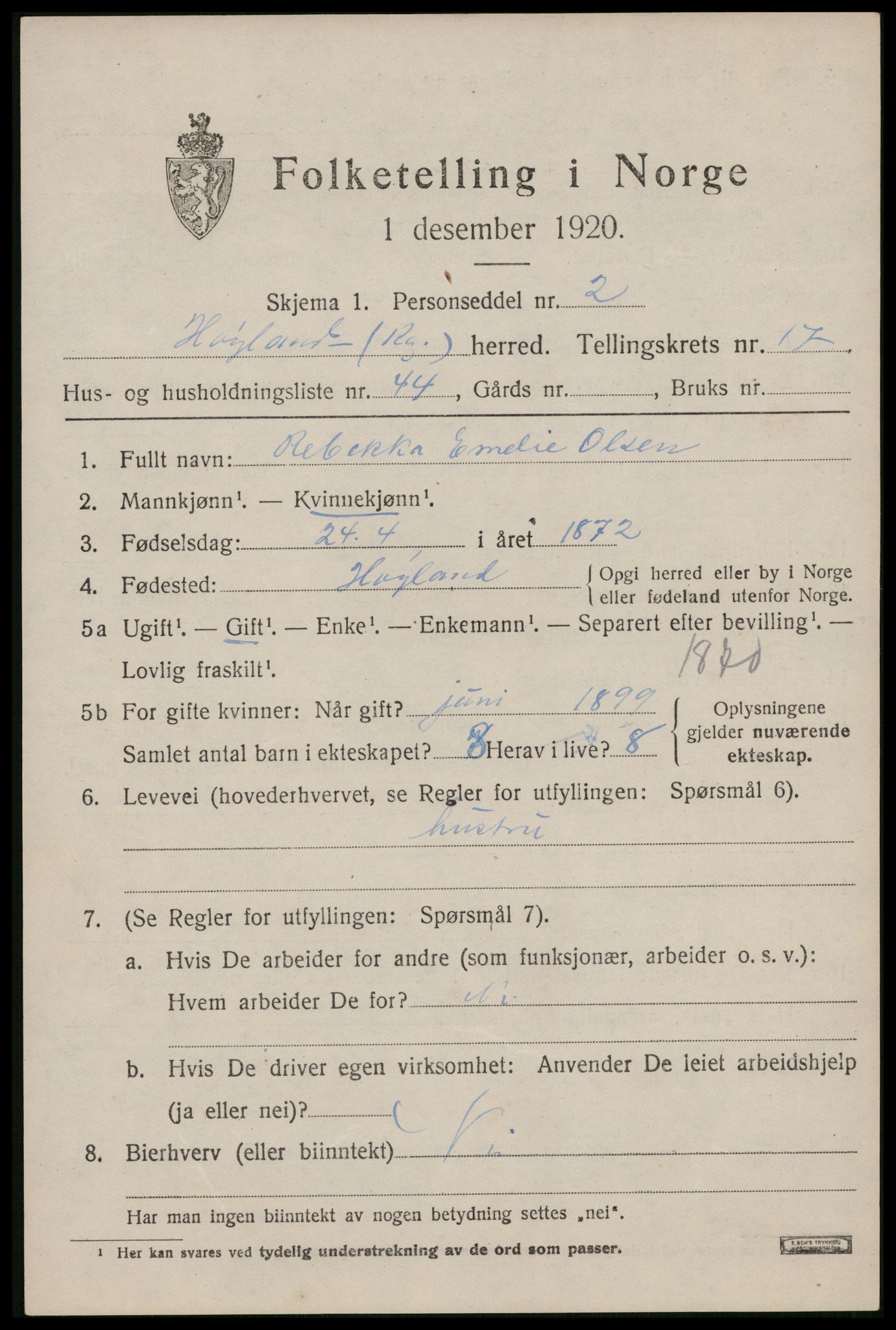 SAST, Folketelling 1920 for 1123 Høyland herred, 1920, s. 16144