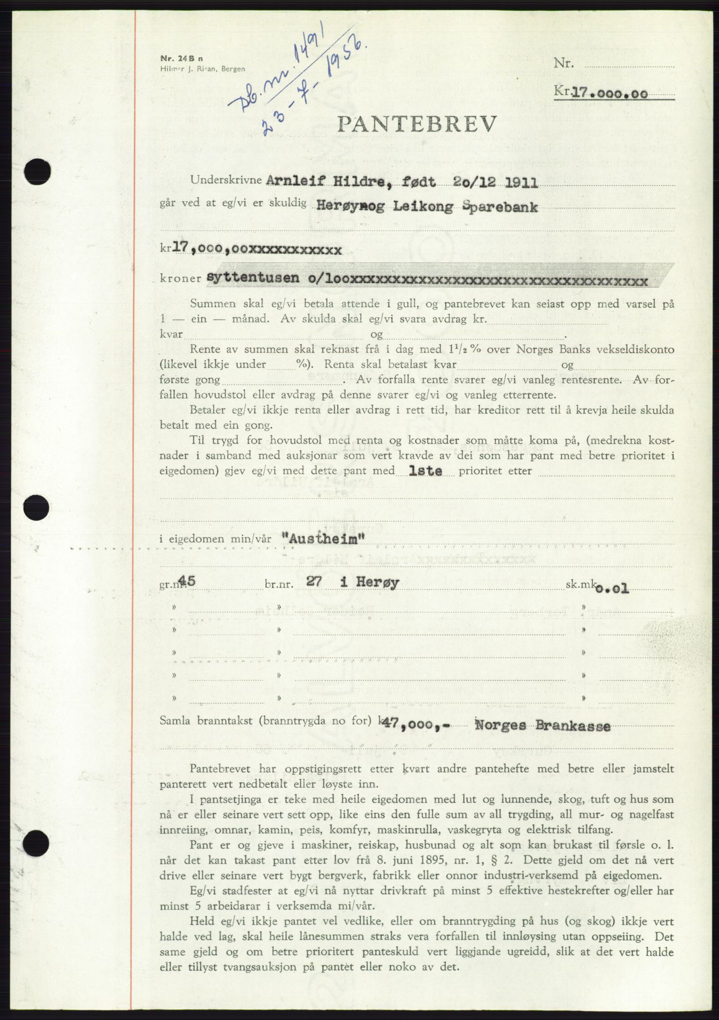 Søre Sunnmøre sorenskriveri, SAT/A-4122/1/2/2C/L0128: Pantebok nr. 16B, 1956-1956, Dagboknr: 1491/1956