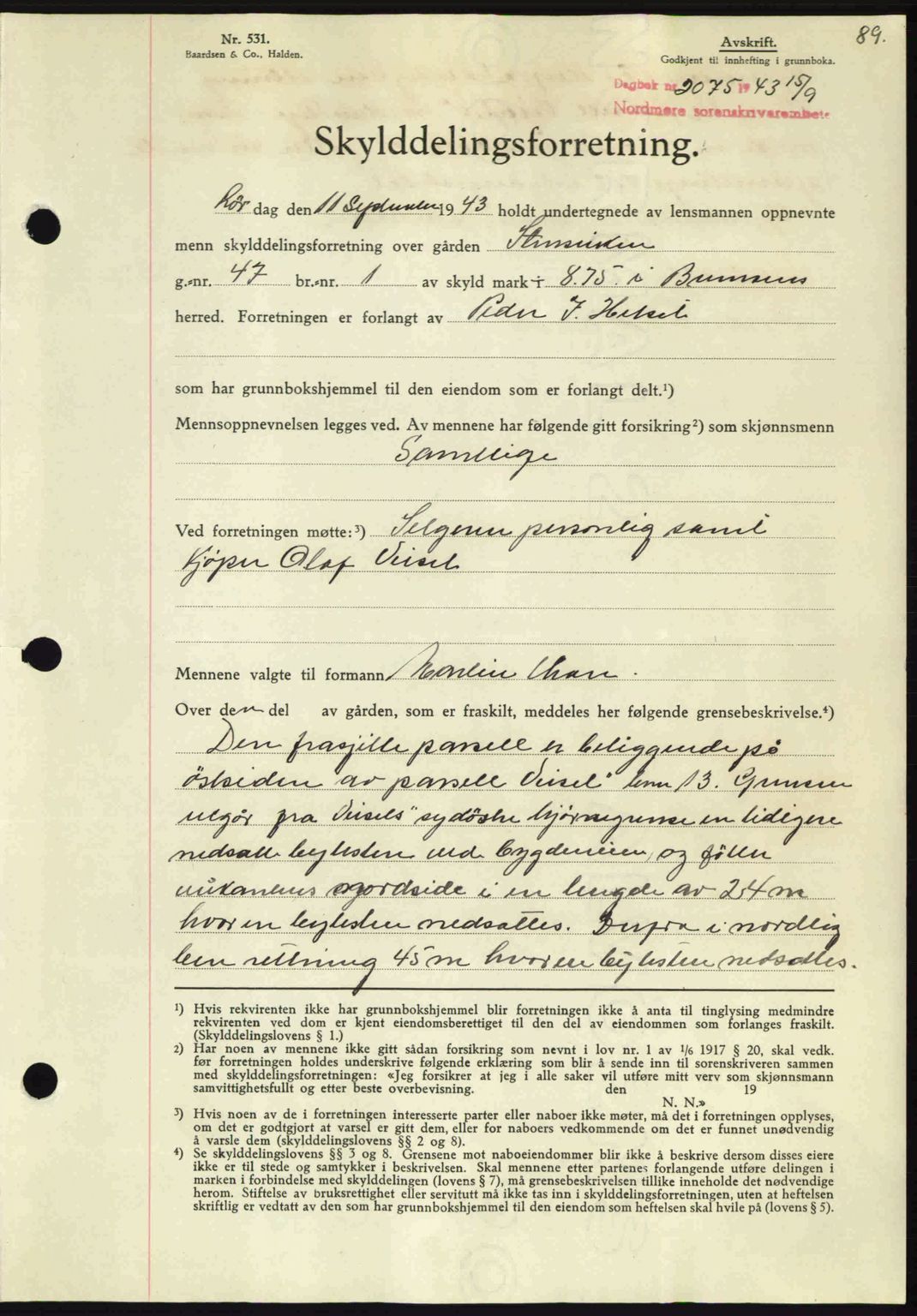 Nordmøre sorenskriveri, SAT/A-4132/1/2/2Ca: Pantebok nr. A96, 1943-1944, Dagboknr: 2075/1943