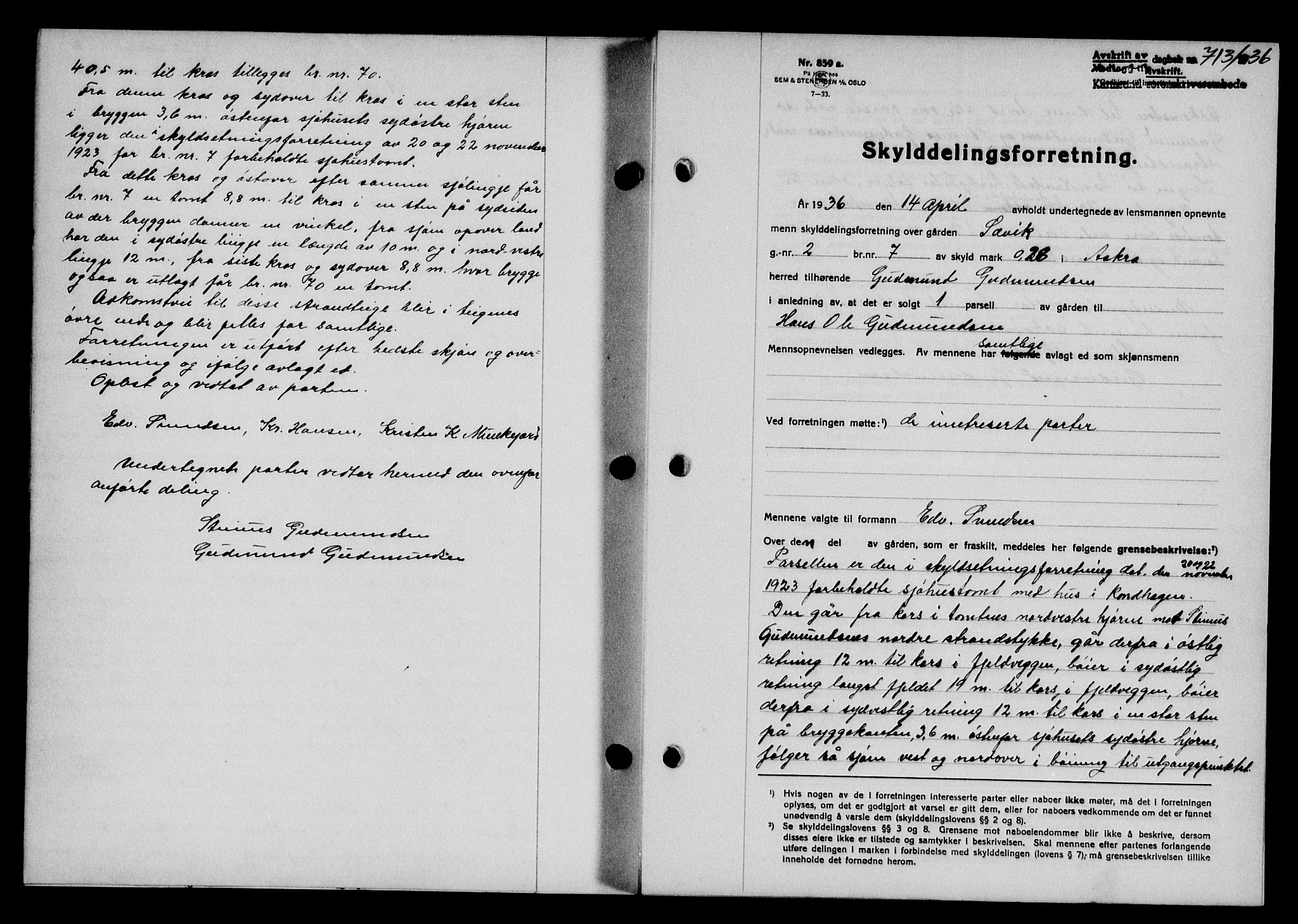 Karmsund sorenskriveri, SAST/A-100311/01/II/IIB/L0066: Pantebok nr. 47A, 1936-1936, Dagboknr: 713/1936