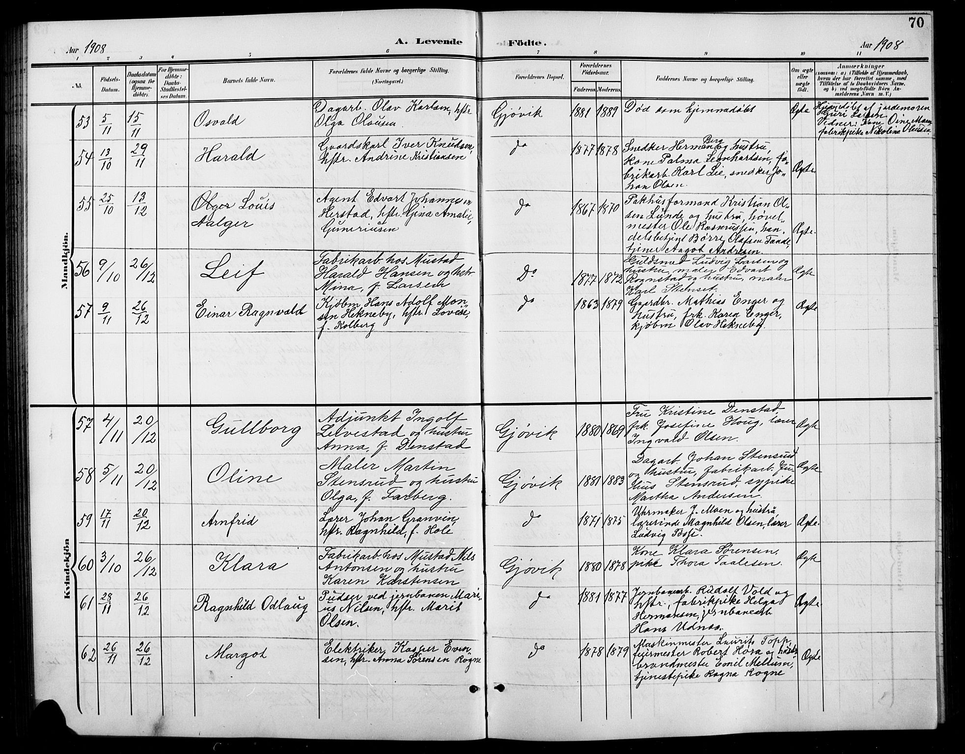 Vardal prestekontor, AV/SAH-PREST-100/H/Ha/Hab/L0012: Klokkerbok nr. 12, 1902-1911, s. 70