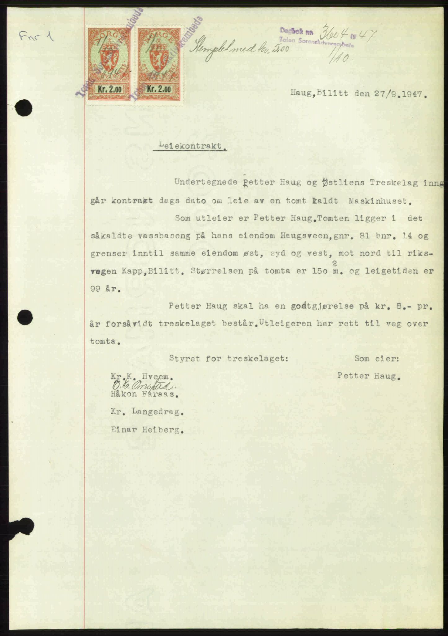 Toten tingrett, AV/SAH-TING-006/H/Hb/Hbc/L0018: Pantebok nr. Hbc-18, 1947-1947, Dagboknr: 3604/1947