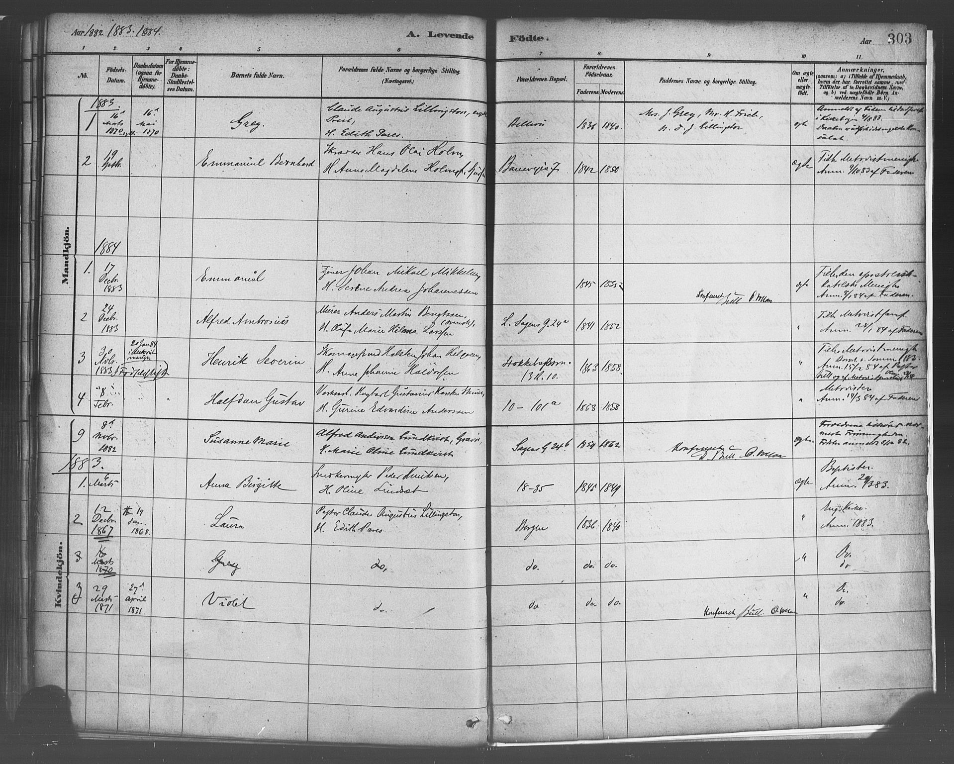 Domkirken sokneprestembete, AV/SAB-A-74801/H/Haa/L0023: Ministerialbok nr. B 6, 1879-1887, s. 303