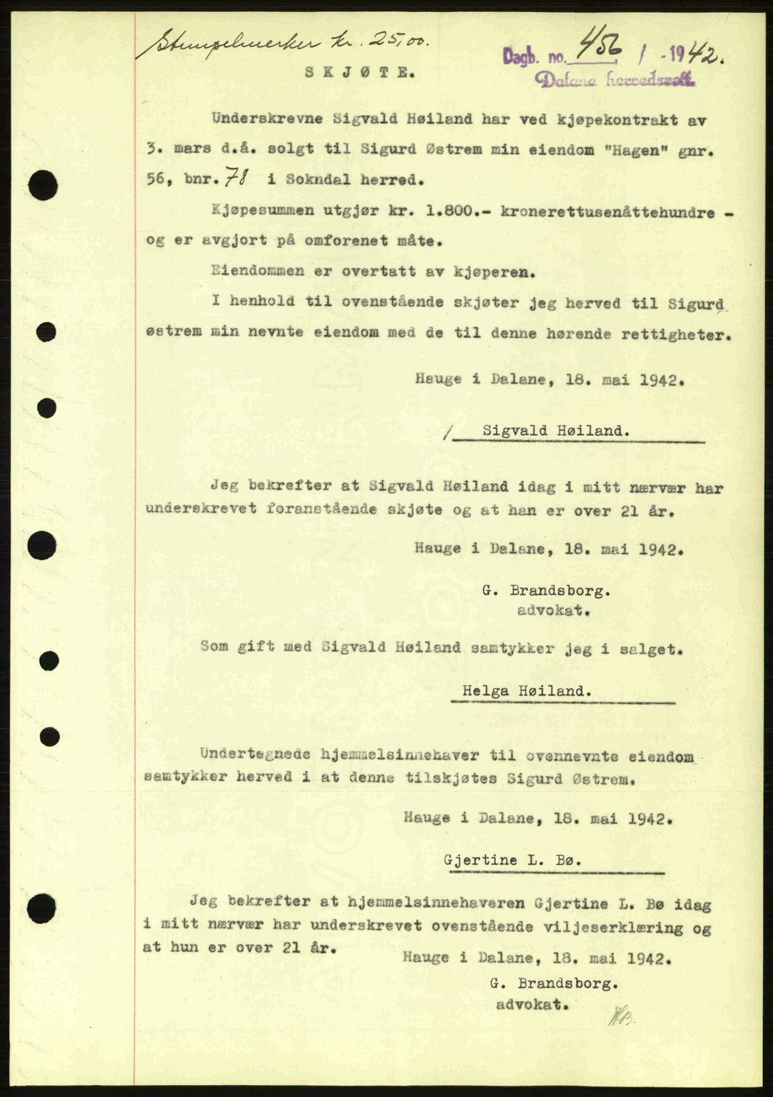 Dalane sorenskriveri, SAST/A-100309/02/G/Gb/L0045: Pantebok nr. A6, 1941-1942, Dagboknr: 456/1942