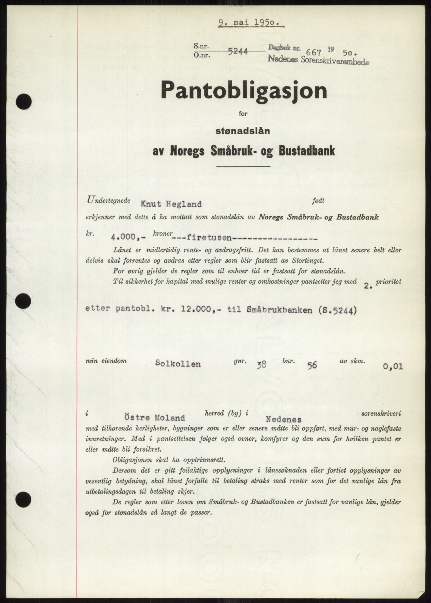 Nedenes sorenskriveri, SAK/1221-0006/G/Gb/Gbb/L0007: Pantebok nr. B7, 1949-1950, Dagboknr: 667/1950