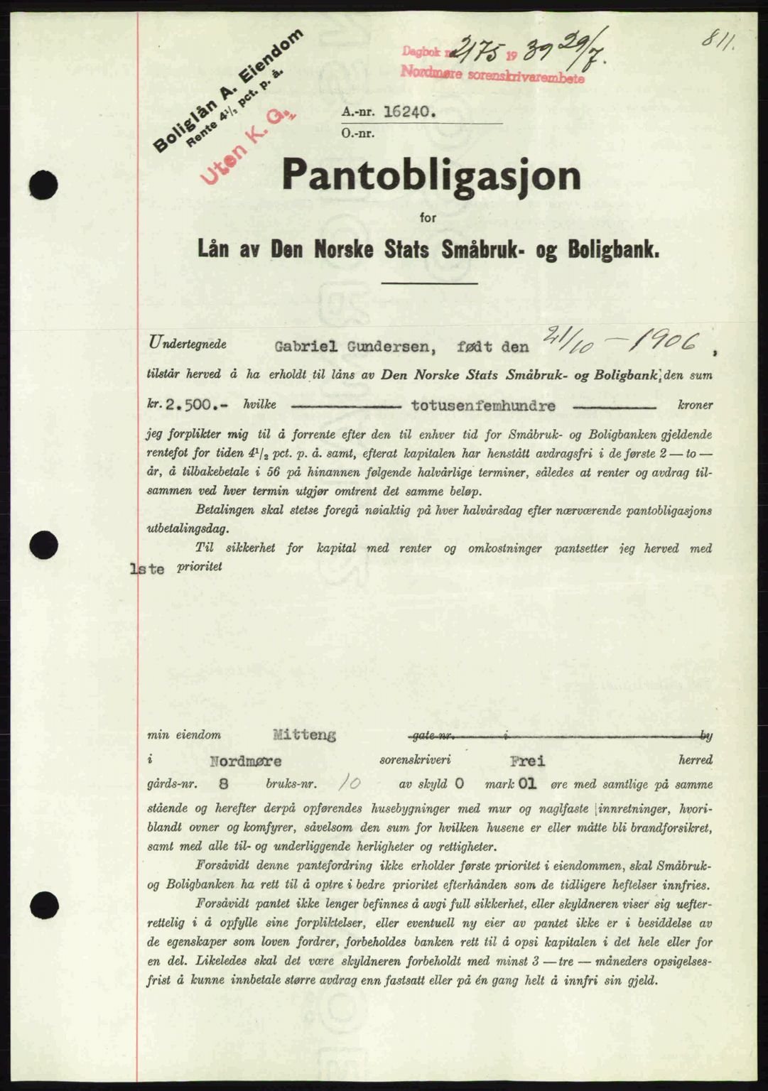 Nordmøre sorenskriveri, AV/SAT-A-4132/1/2/2Ca: Pantebok nr. B85, 1939-1939, Dagboknr: 2175/1939