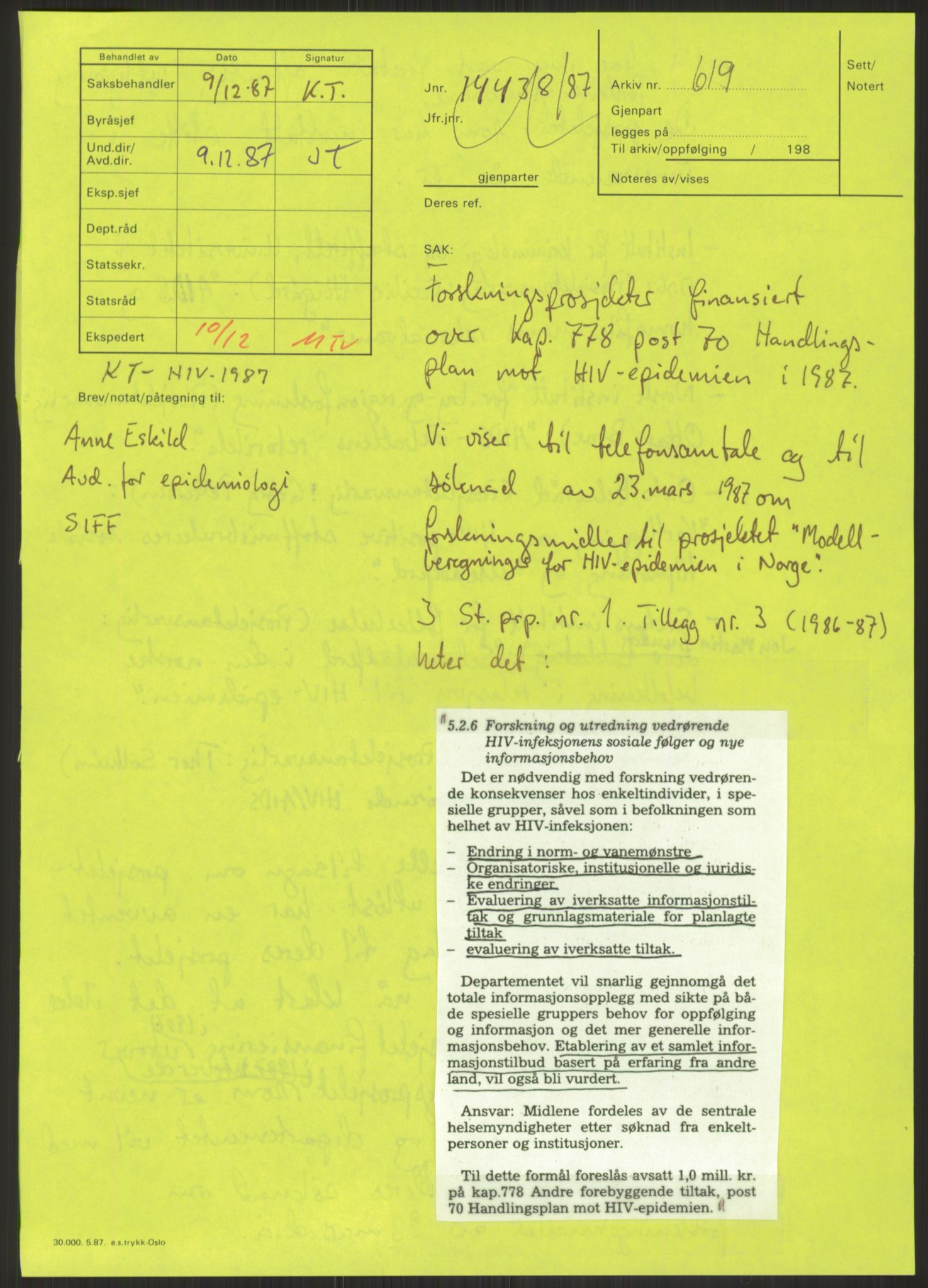 Sosialdepartementet, Administrasjons-, trygde-, plan- og helseavdelingen, RA/S-6179/D/L2240/0004: -- / 619 Diverse. HIV/AIDS, 1987, s. 305