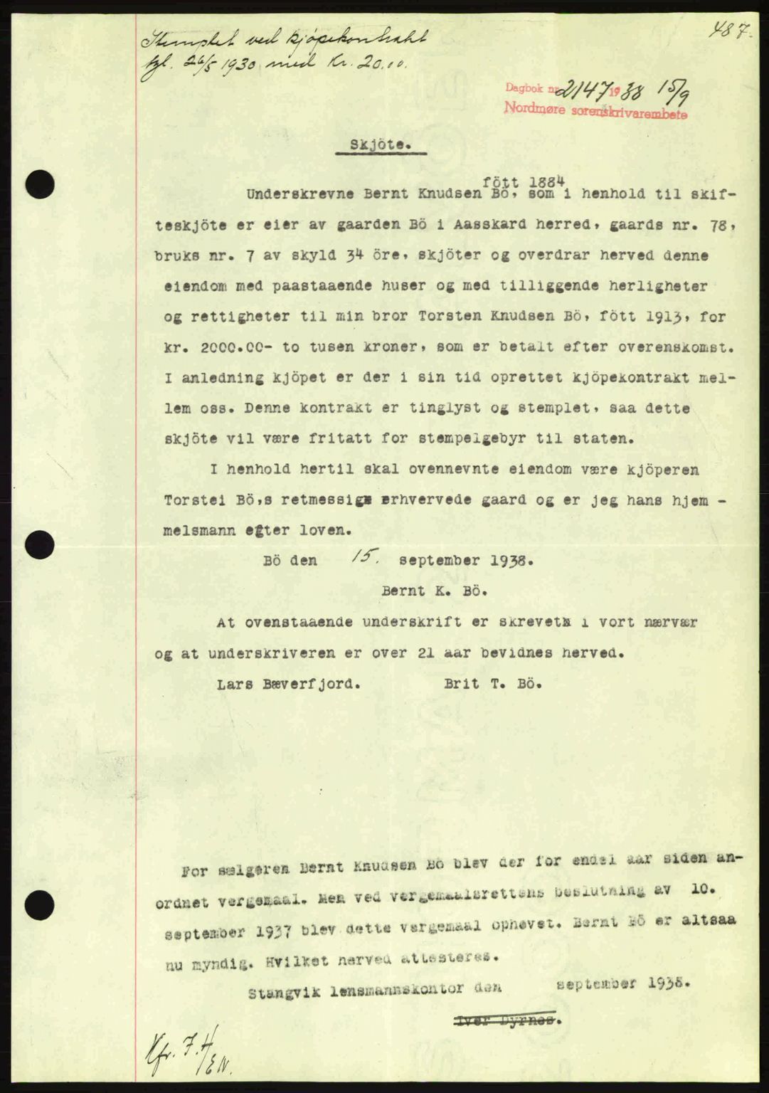 Nordmøre sorenskriveri, SAT/A-4132/1/2/2Ca: Pantebok nr. A84, 1938-1938, Dagboknr: 2147/1938