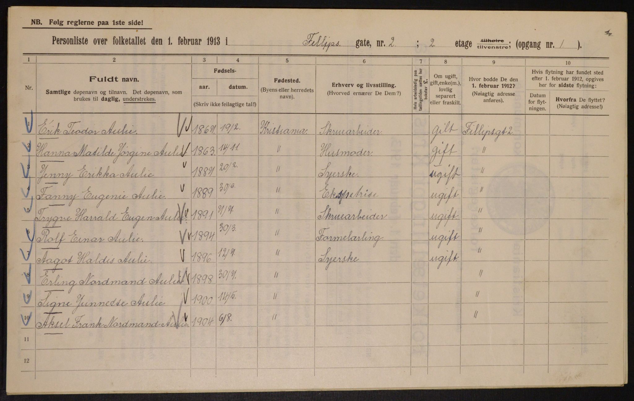 OBA, Kommunal folketelling 1.2.1913 for Kristiania, 1913, s. 24353