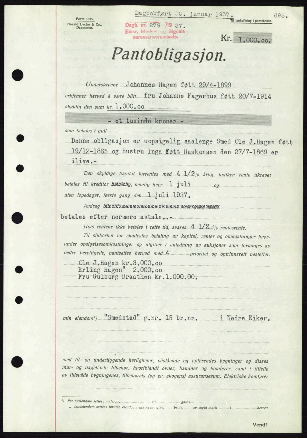 Eiker, Modum og Sigdal sorenskriveri, SAKO/A-123/G/Ga/Gab/L0034: Pantebok nr. A4, 1936-1937, Dagboknr: 279/1937