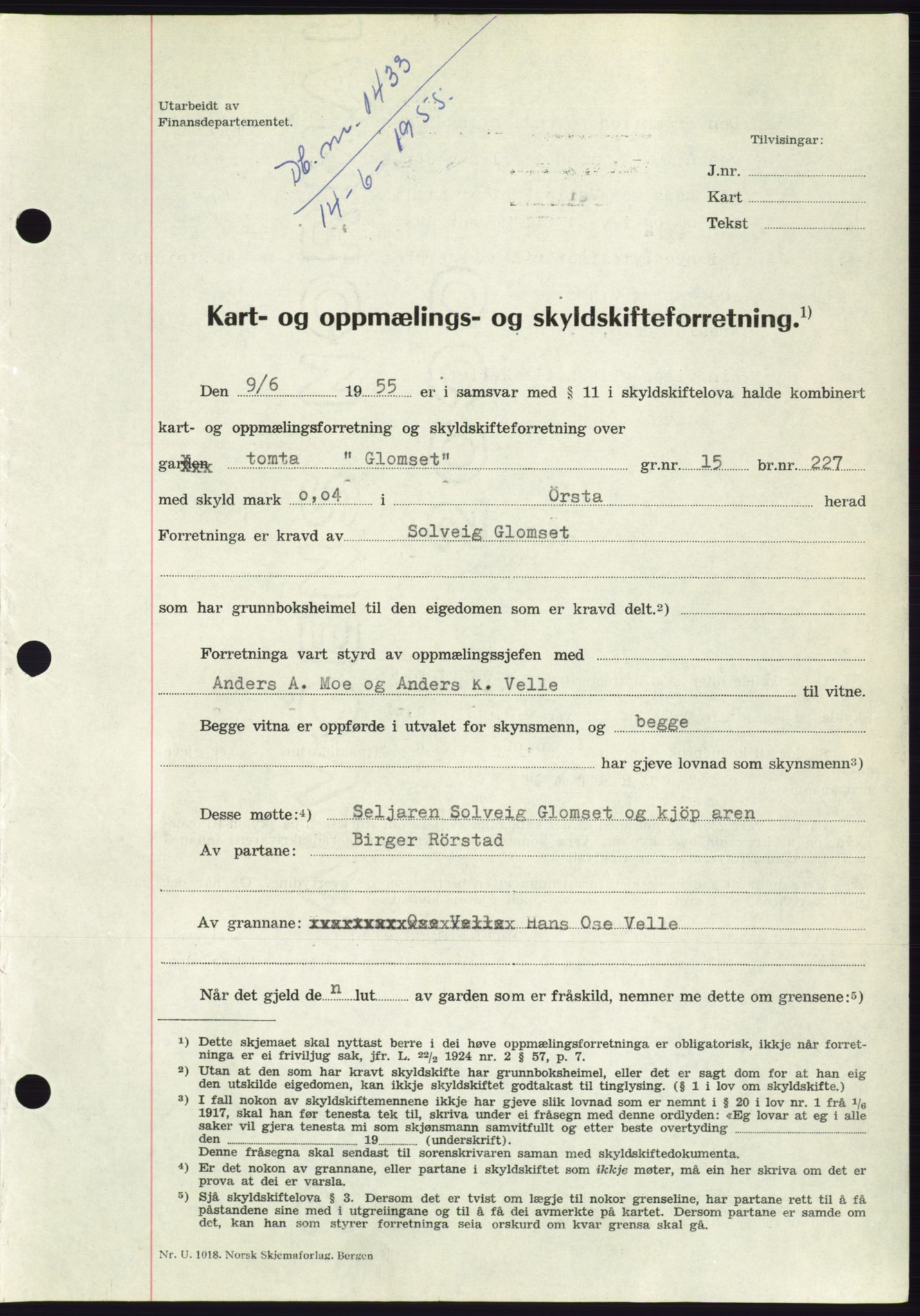 Søre Sunnmøre sorenskriveri, AV/SAT-A-4122/1/2/2C/L0101: Pantebok nr. 27A, 1955-1955, Dagboknr: 1433/1955