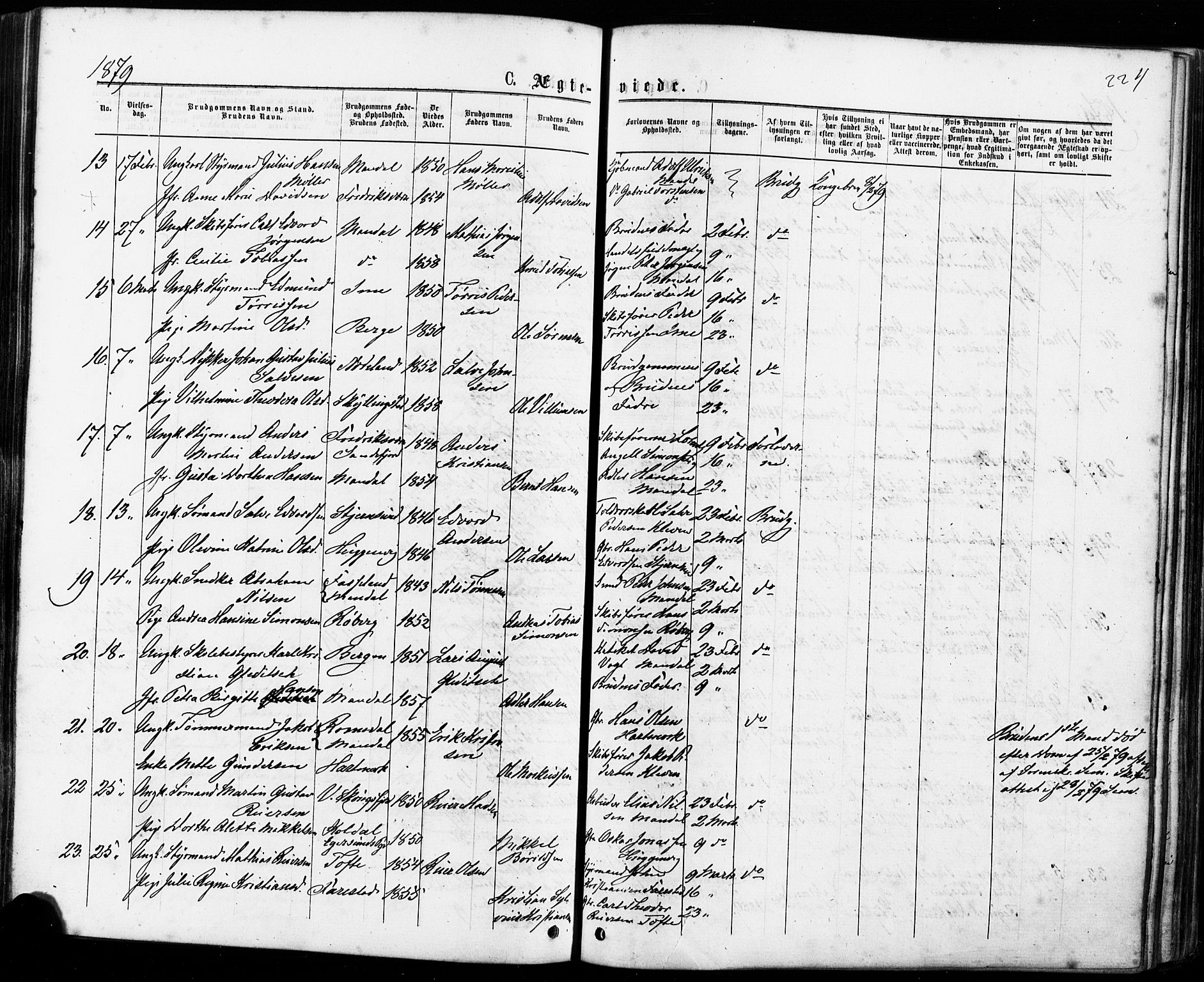 Mandal sokneprestkontor, AV/SAK-1111-0030/F/Fa/Faa/L0015: Ministerialbok nr. A 15, 1873-1879, s. 224
