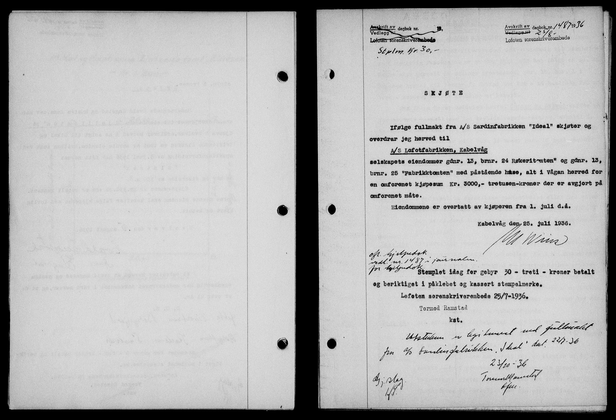 Lofoten sorenskriveri, SAT/A-0017/1/2/2C/L0001a: Pantebok nr. 1a, 1936-1937, Dagboknr: 1487/1936