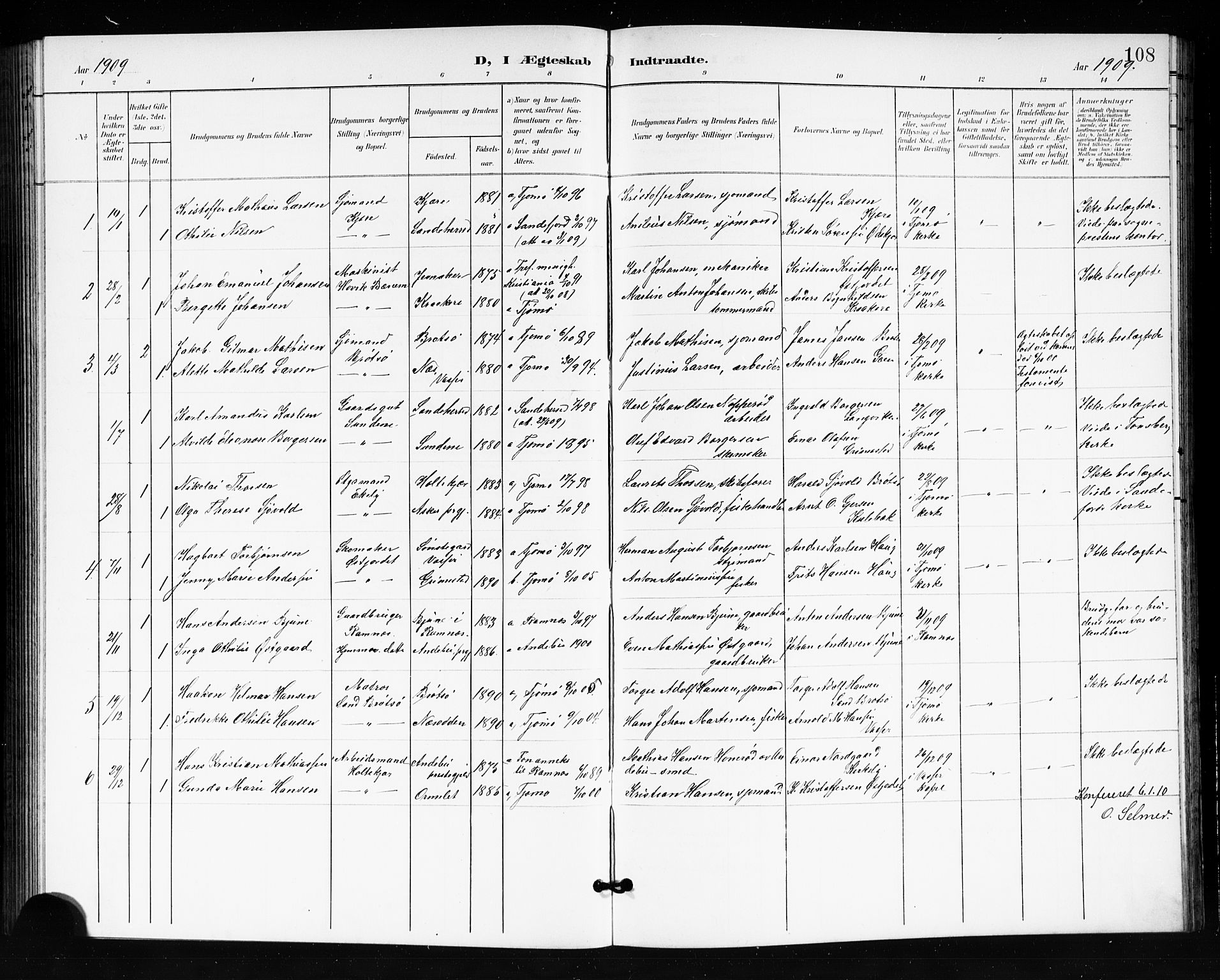 Tjøme kirkebøker, AV/SAKO-A-328/G/Ga/L0001: Klokkerbok nr. I 1, 1901-1910, s. 108