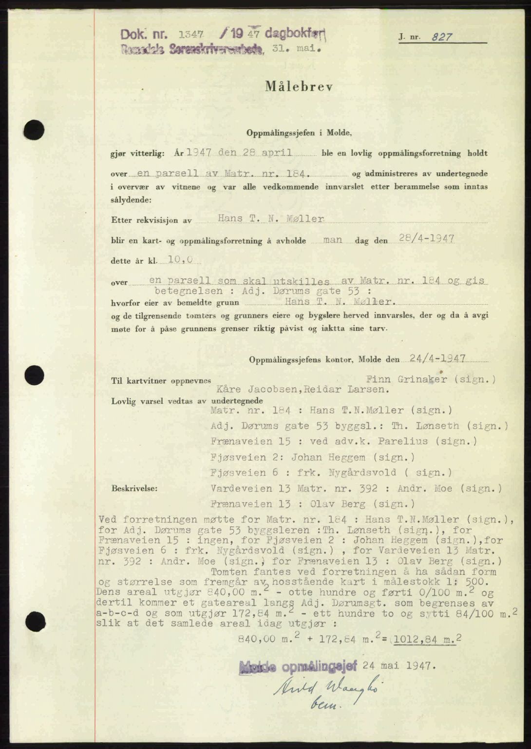 Romsdal sorenskriveri, AV/SAT-A-4149/1/2/2C: Pantebok nr. A23, 1947-1947, Dagboknr: 1347/1947