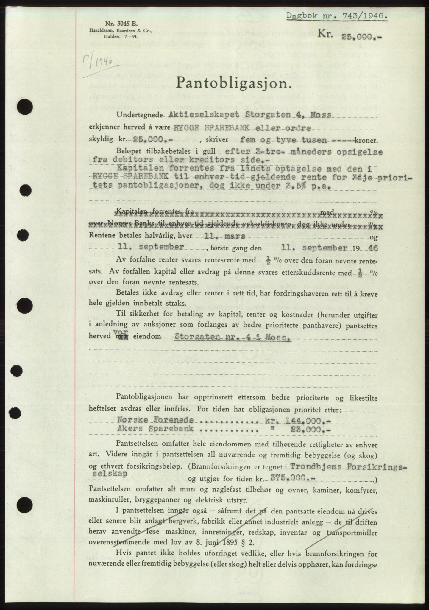 Moss sorenskriveri, SAO/A-10168: Pantebok nr. B15, 1946-1946, Dagboknr: 743/1946