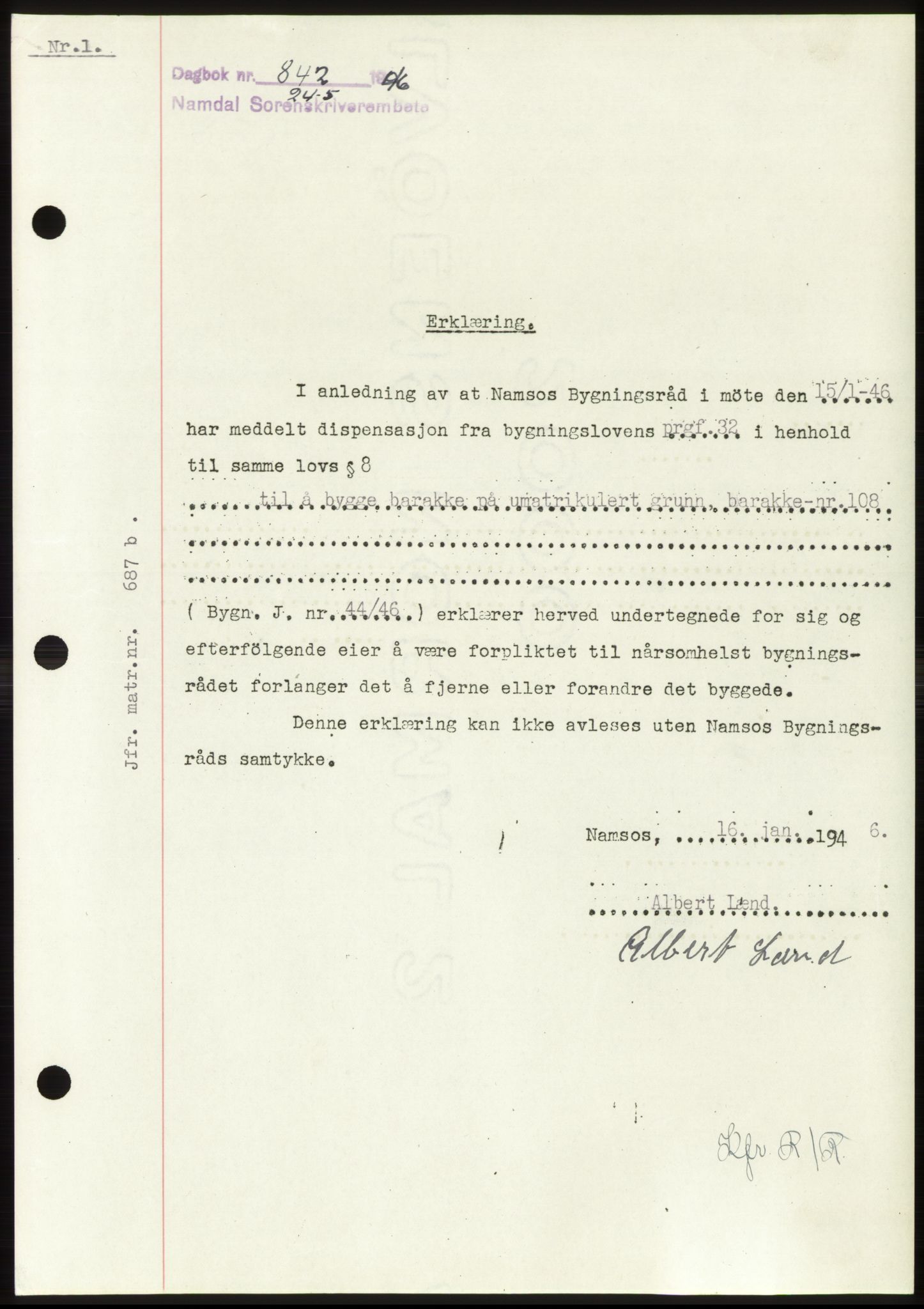 Namdal sorenskriveri, SAT/A-4133/1/2/2C: Pantebok nr. -, 1946-1946, Dagboknr: 842/1946