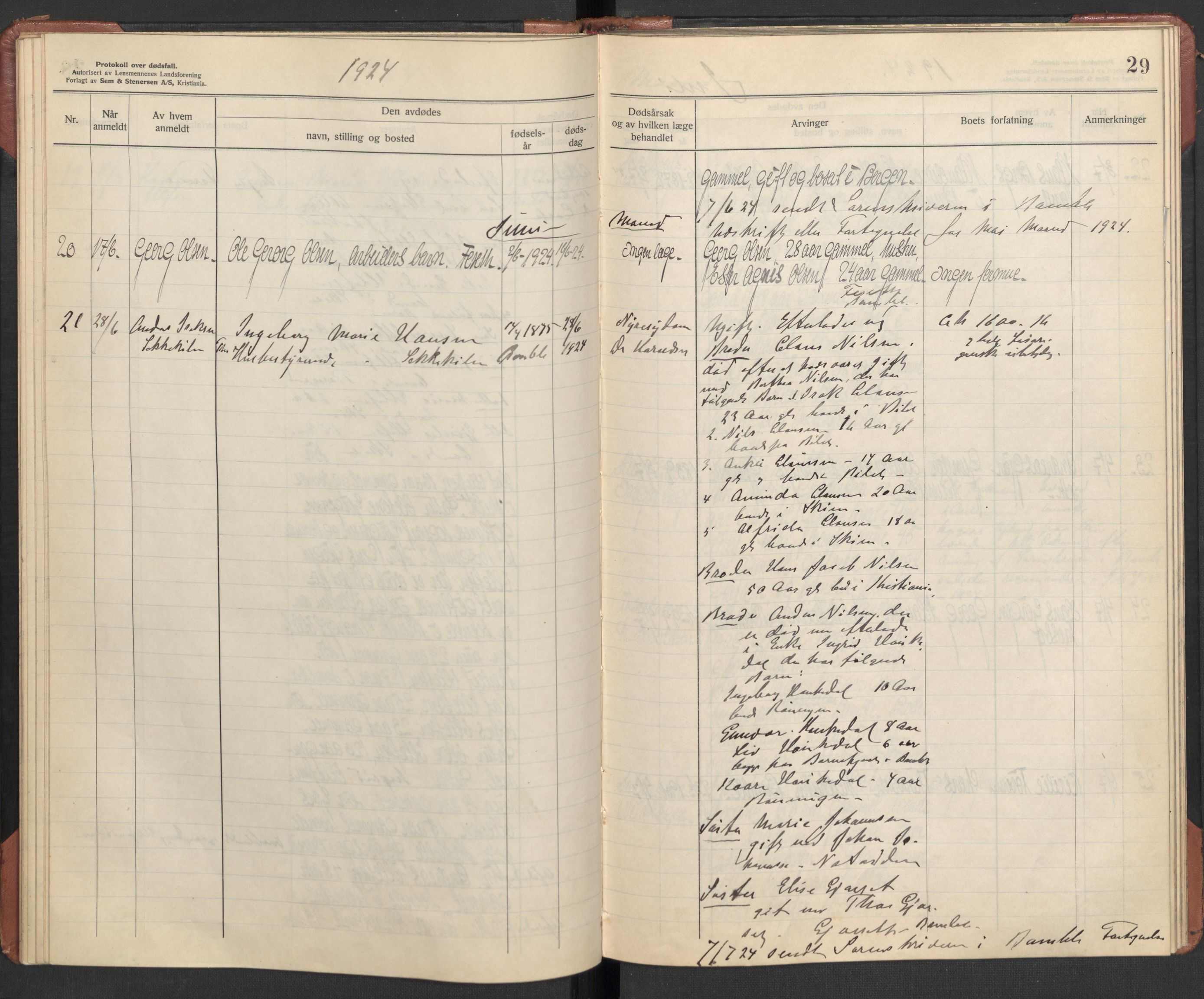 Bamble lensmannskontor, AV/SAKO-A-552/H/Ha/Haa/L0004: Dødsfallsprotokoll, 1923-1926, s. 29