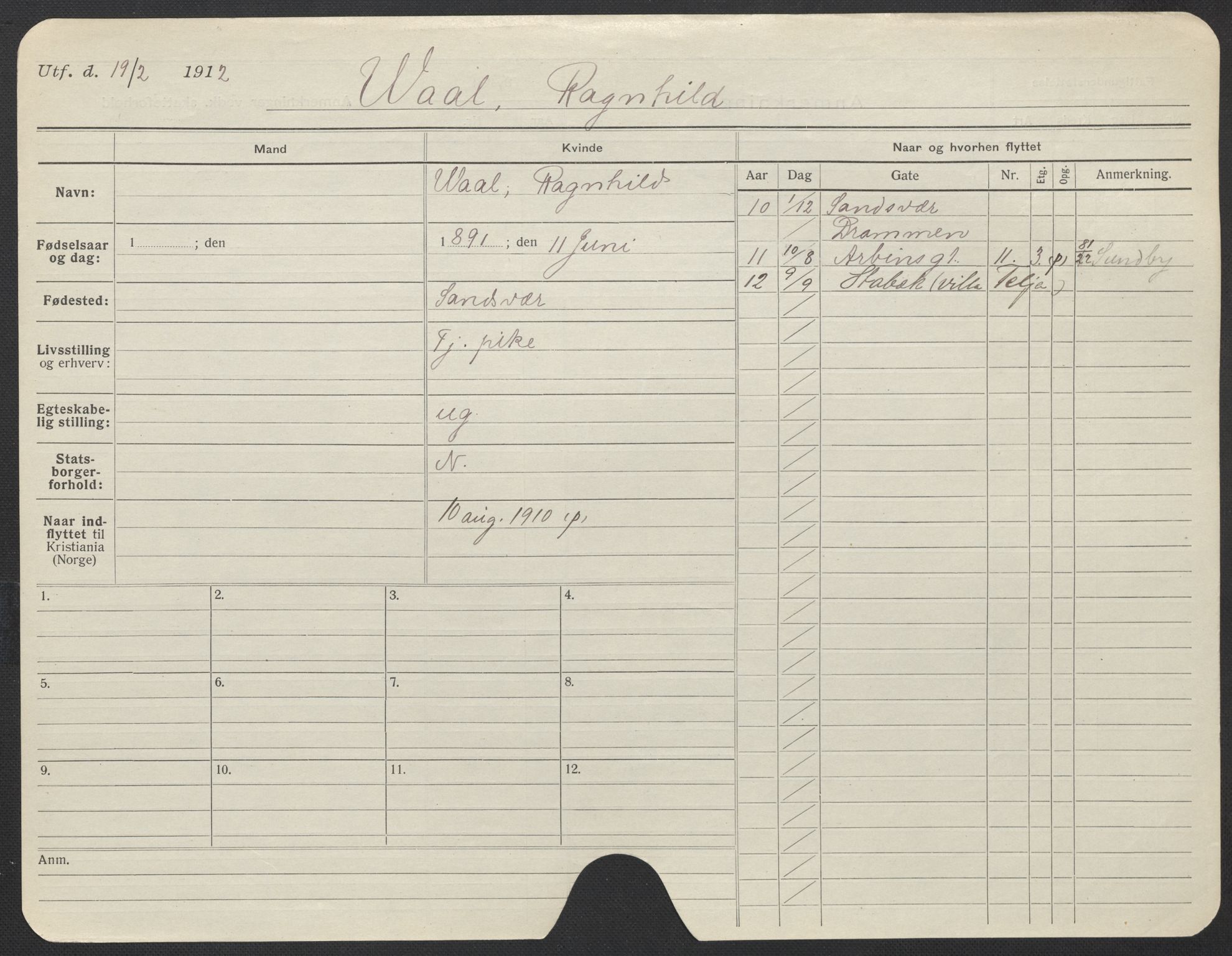 Oslo folkeregister, Registerkort, AV/SAO-A-11715/F/Fa/Fac/L0025: Kvinner, 1906-1914, s. 501a