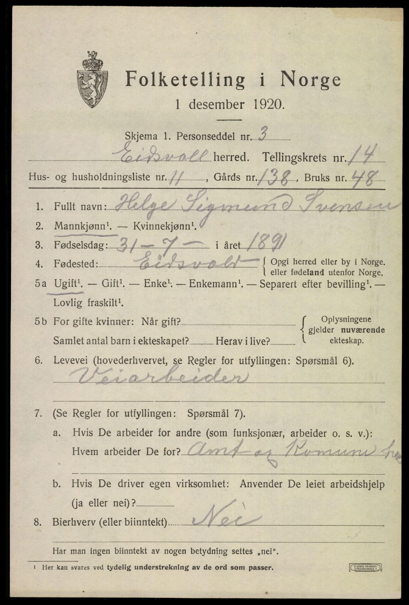 SAO, Folketelling 1920 for 0237 Eidsvoll herred, 1920, s. 20991