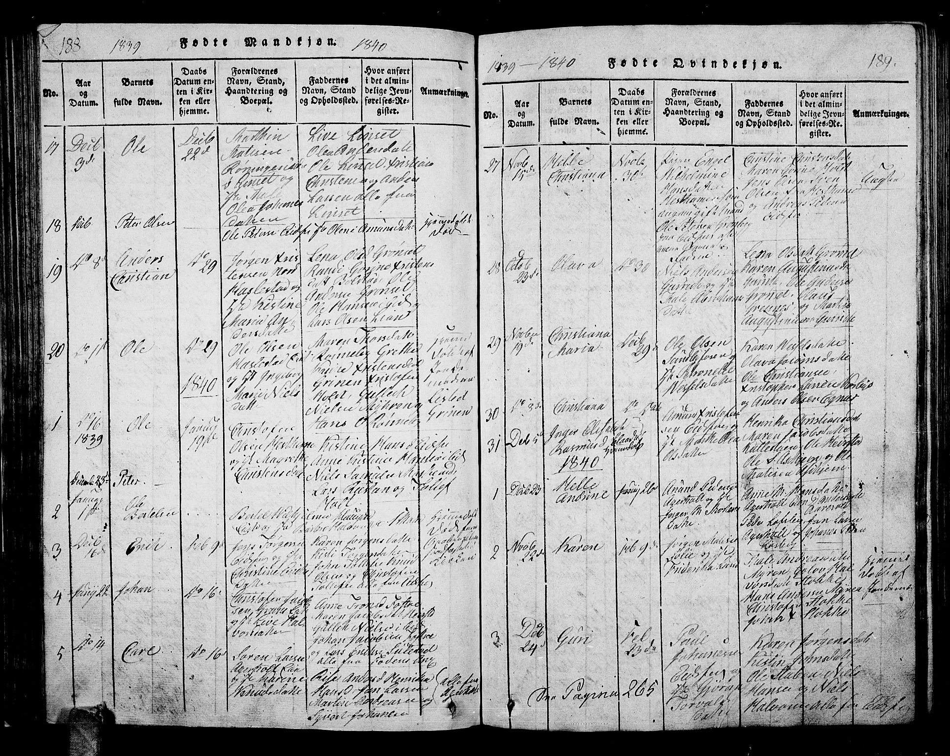 Hof kirkebøker, AV/SAKO-A-64/G/Ga/L0001: Klokkerbok nr. I 1, 1814-1844, s. 188-189