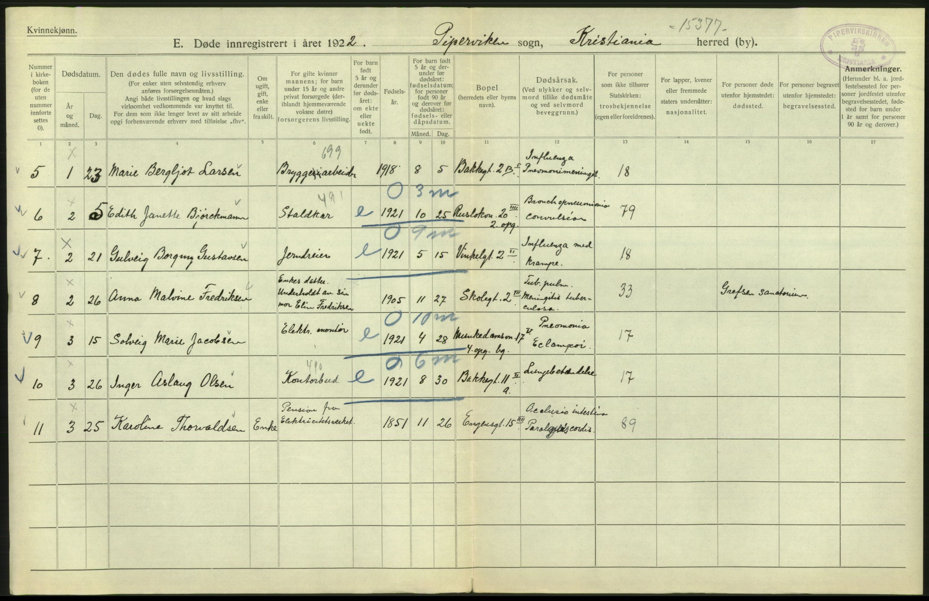 Statistisk sentralbyrå, Sosiodemografiske emner, Befolkning, RA/S-2228/D/Df/Dfc/Dfcb/L0010: Kristiania: Døde, dødfødte, 1922, s. 540