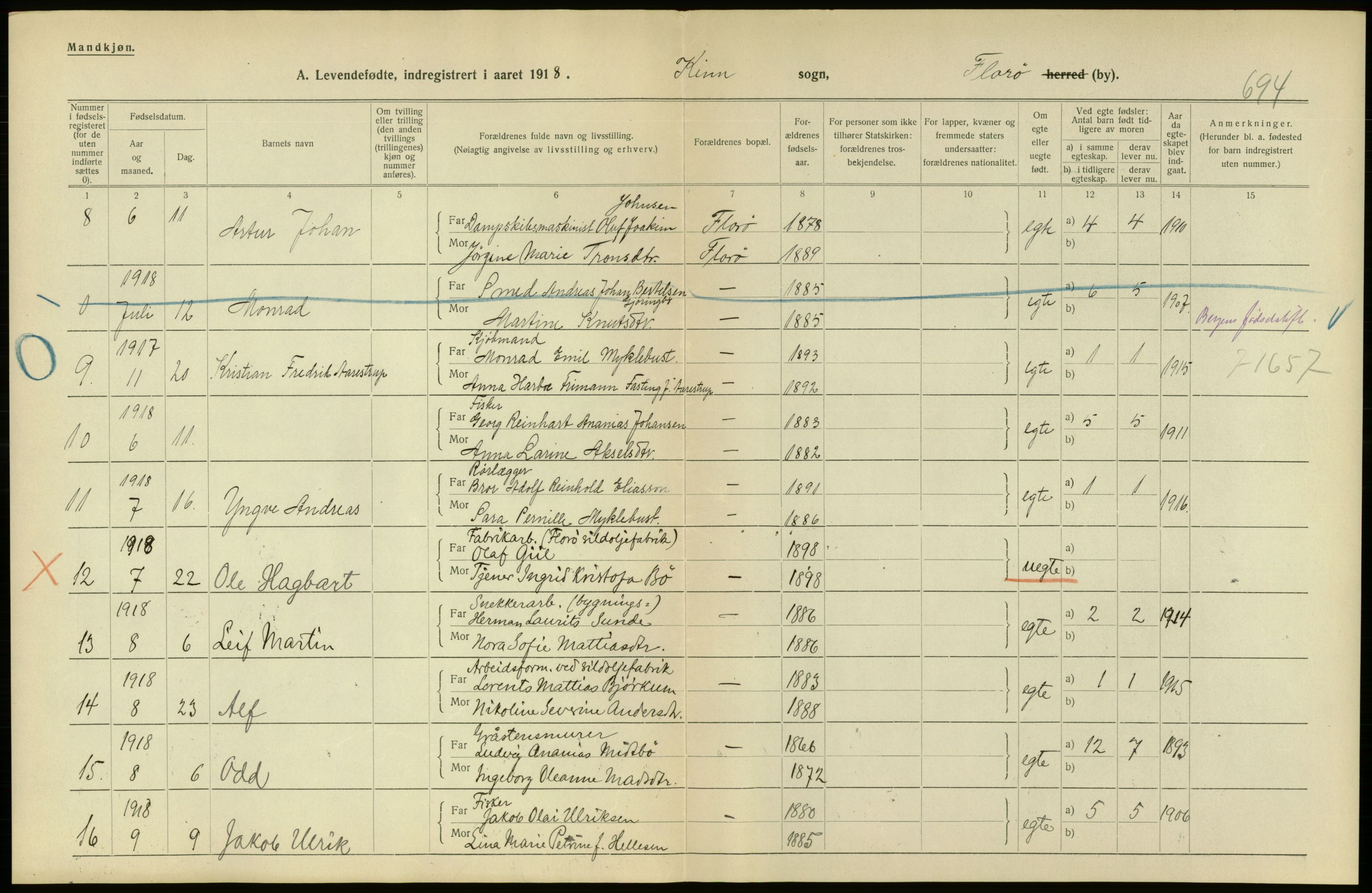 Statistisk sentralbyrå, Sosiodemografiske emner, Befolkning, AV/RA-S-2228/D/Df/Dfb/Dfbh/L0042: Florø by: Levendefødte menn og kvinner, gifte, døde, dødfødte., 1918, s. 8