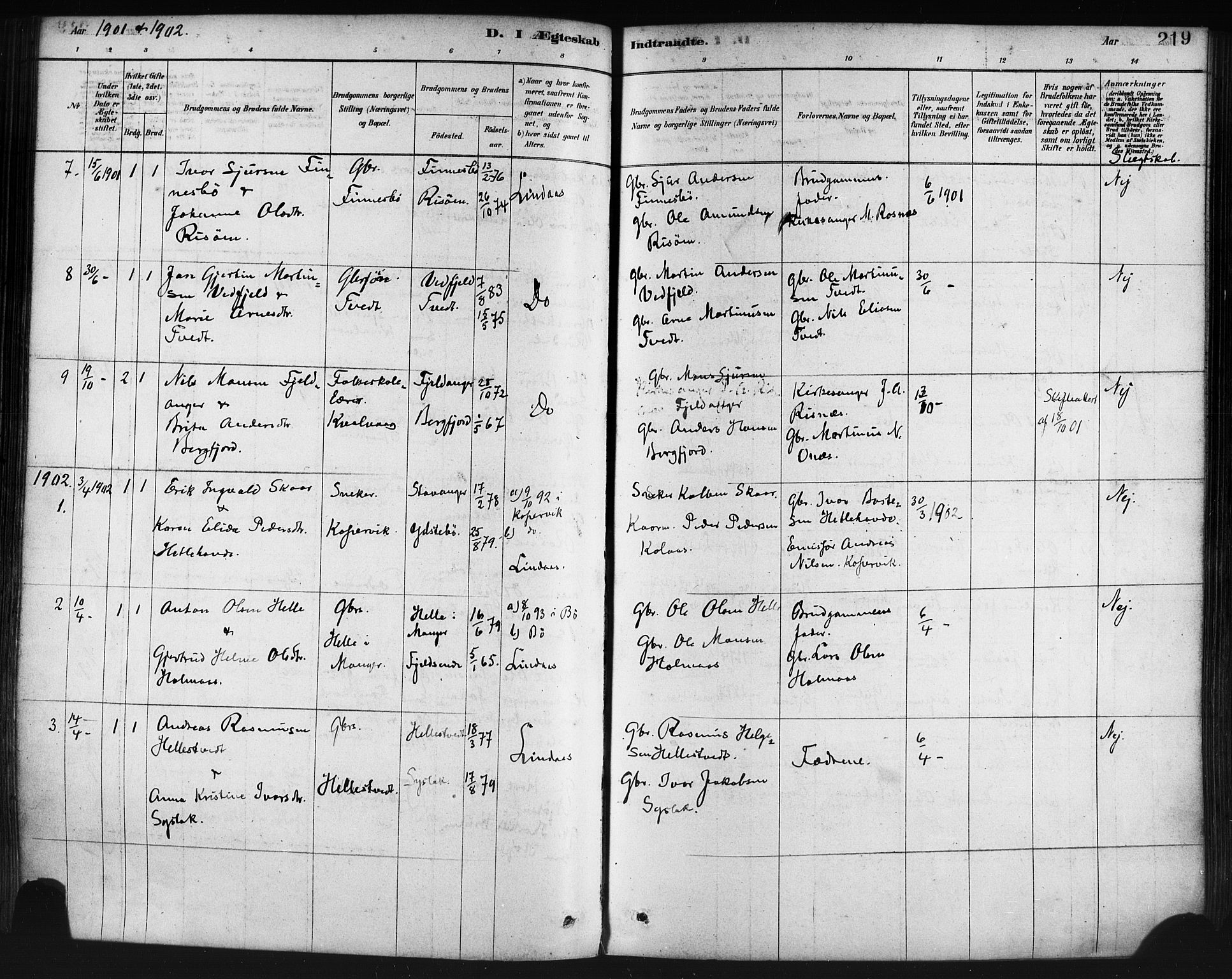Lindås Sokneprestembete, AV/SAB-A-76701/H/Haa/Haaa/L0019: Ministerialbok nr. A 19, 1878-1912, s. 219