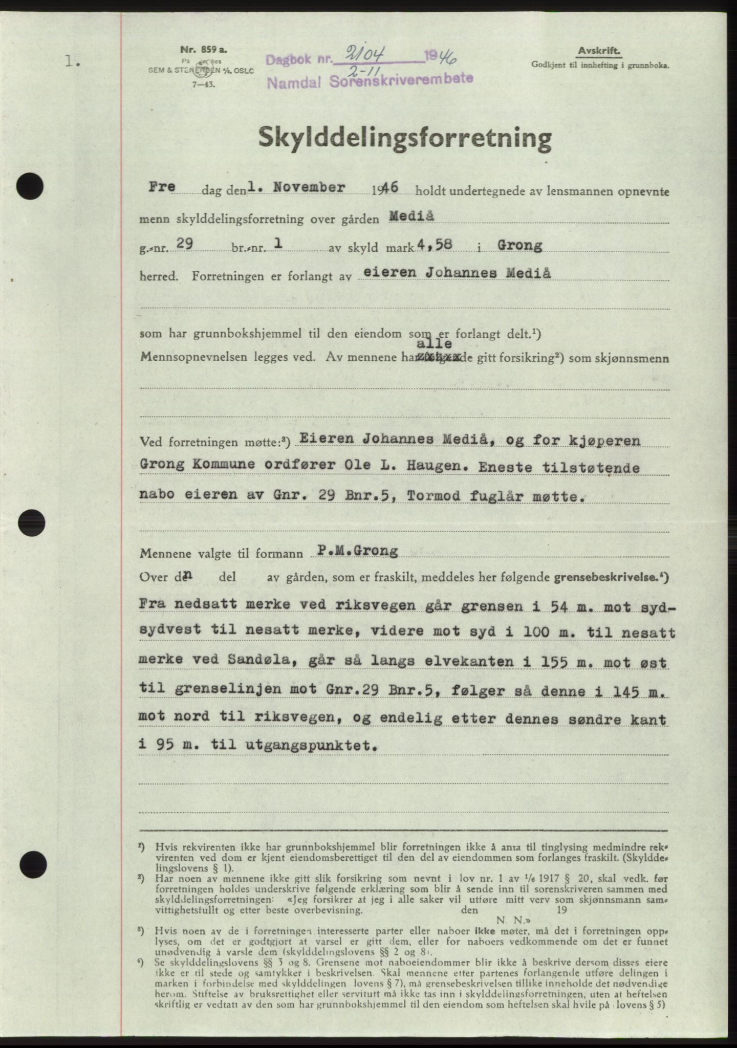 Namdal sorenskriveri, SAT/A-4133/1/2/2C: Pantebok nr. -, 1946-1947, Dagboknr: 2104/1946