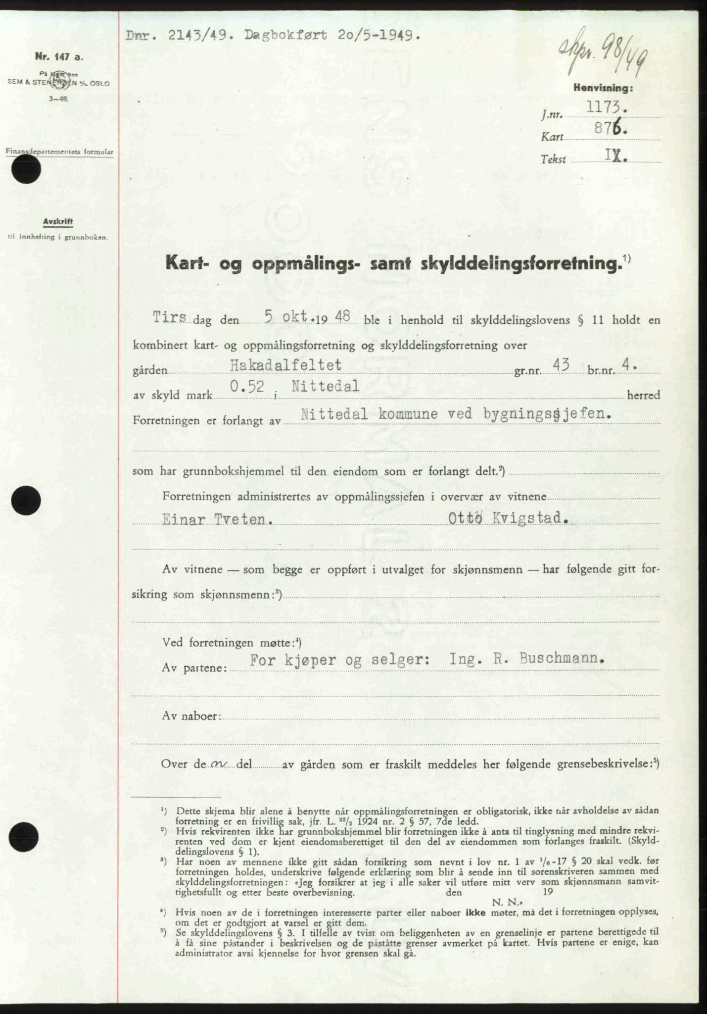 Nedre Romerike sorenskriveri, SAO/A-10469/G/Gb/Gbd/L0025: Pantebok nr. 25, 1949-1949, Dagboknr: 2143/1949