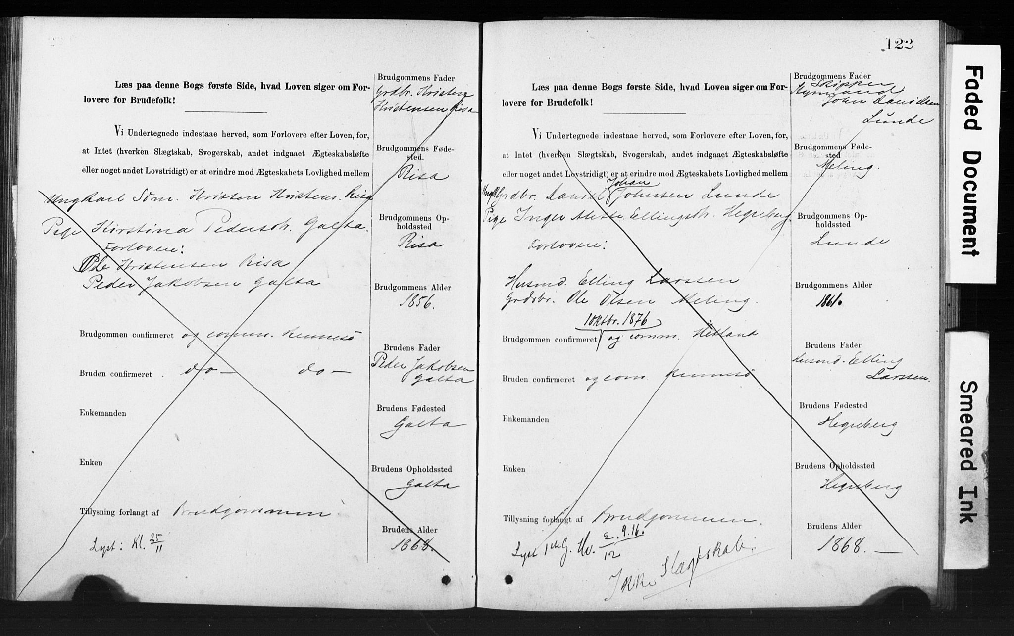 Rennesøy sokneprestkontor, AV/SAST-A -101827/I/Ie/L0001: Lysningsprotokoll nr. 1, 1873-1898, s. 122