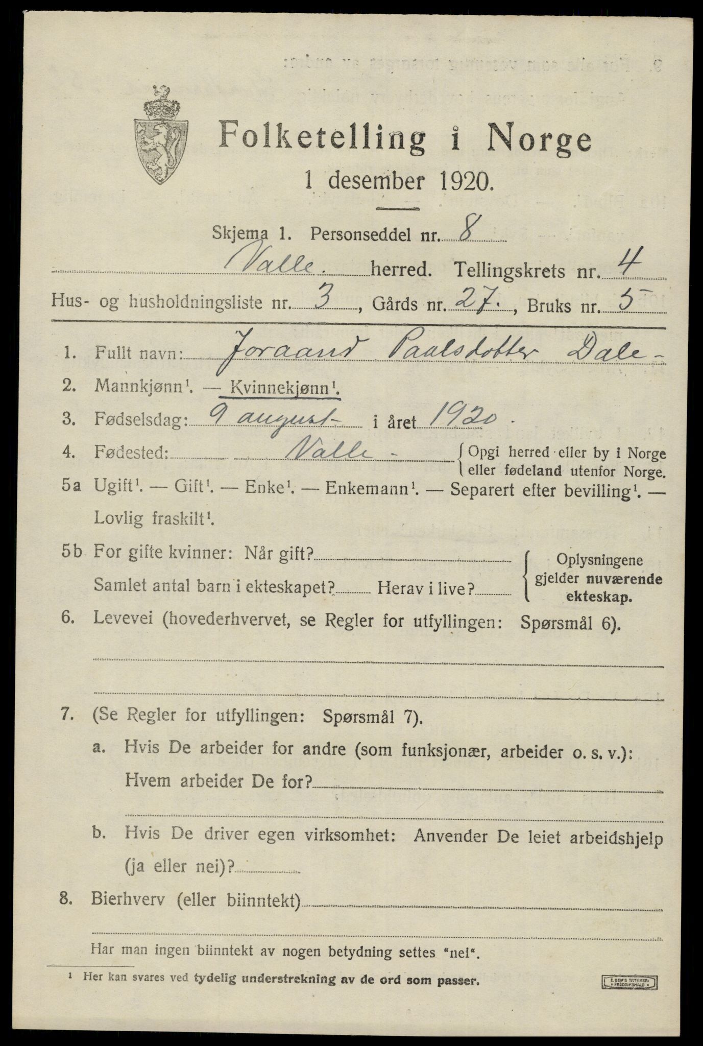SAK, Folketelling 1920 for 0940 Valle herred, 1920, s. 2023