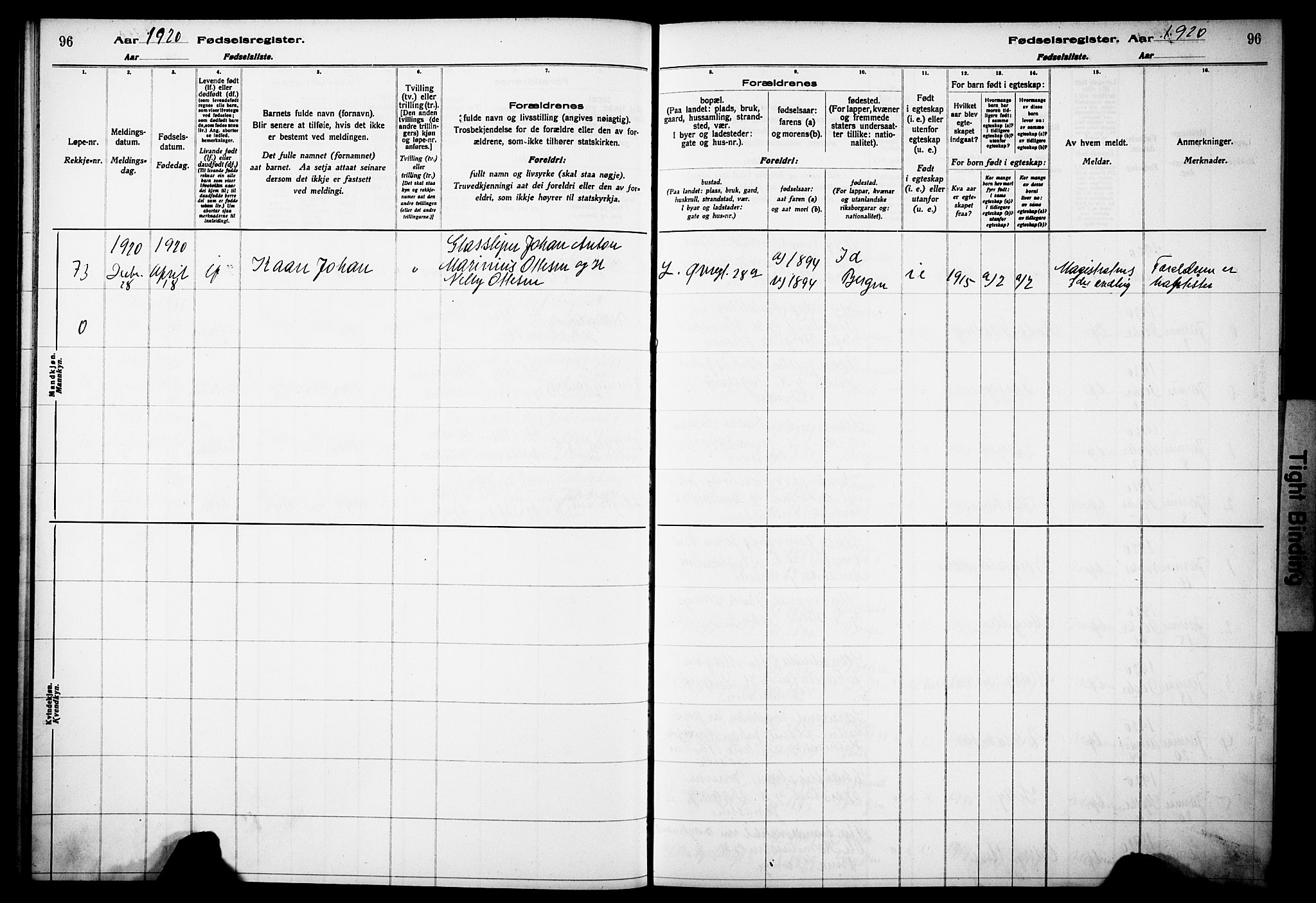 Korskirken sokneprestembete, SAB/A-76101/I/Id/L00A1: Fødselsregister nr. A 1, 1916-1929, s. 96