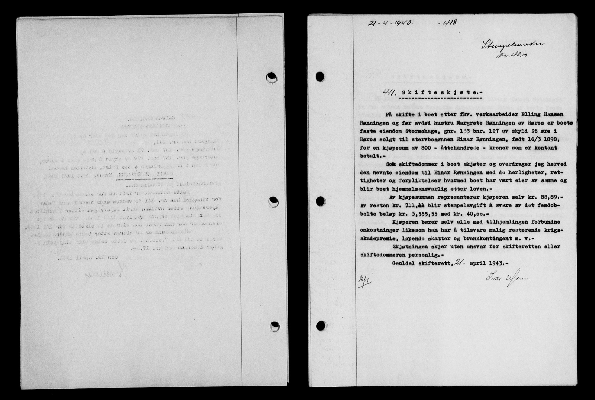 Gauldal sorenskriveri, SAT/A-0014/1/2/2C/L0056: Pantebok nr. 61, 1942-1943, Dagboknr: 411/1943