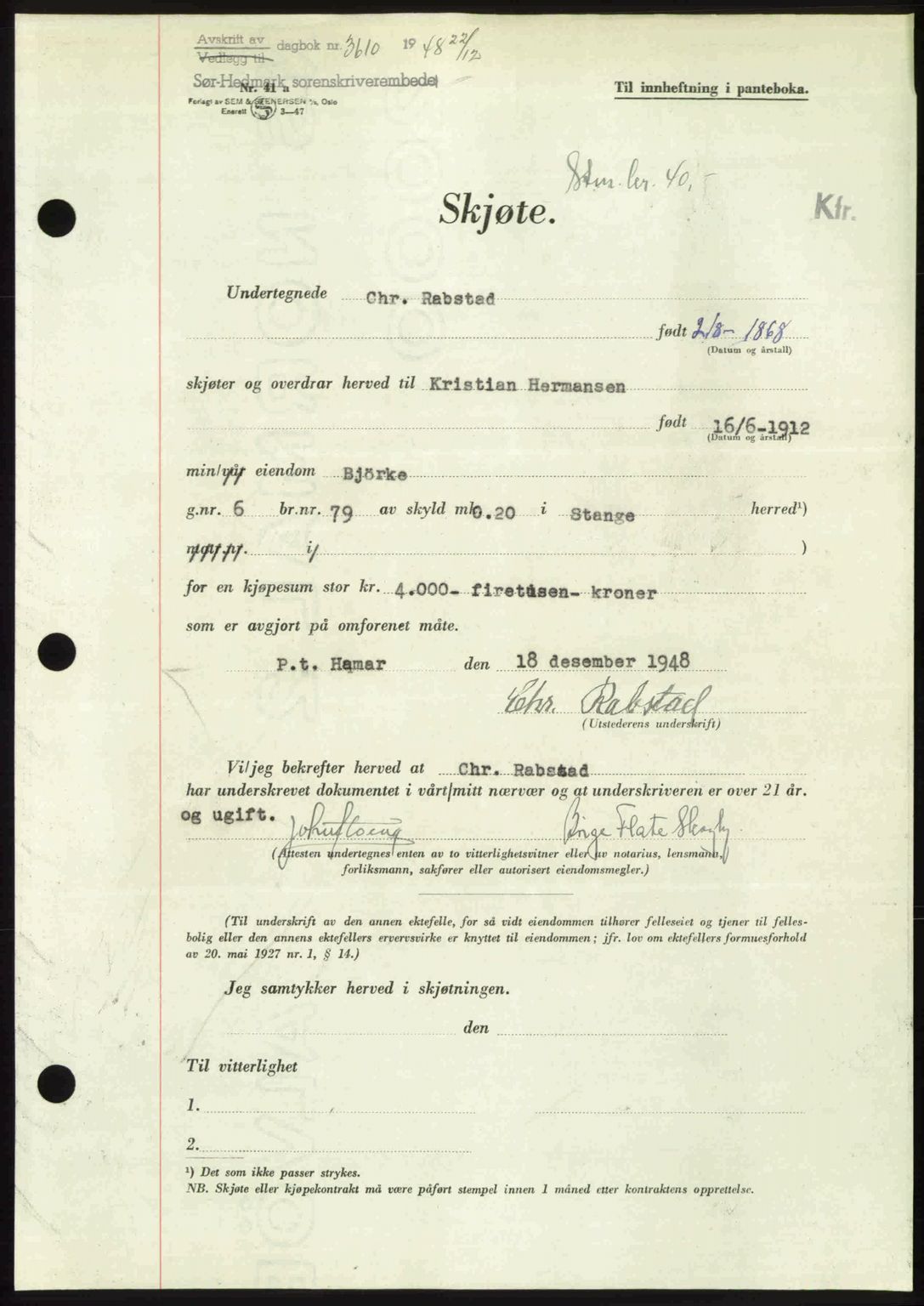 Sør-Hedmark sorenskriveri, SAH/TING-014/H/Hb/Hbd/L0018: Pantebok nr. 18, 1948-1949, Dagboknr: 3610/1948